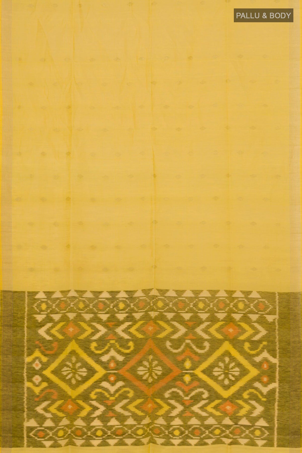Flat view of Yellow Soft Silk Saree with Zari Butta on the body and Thin Zari Line. 
