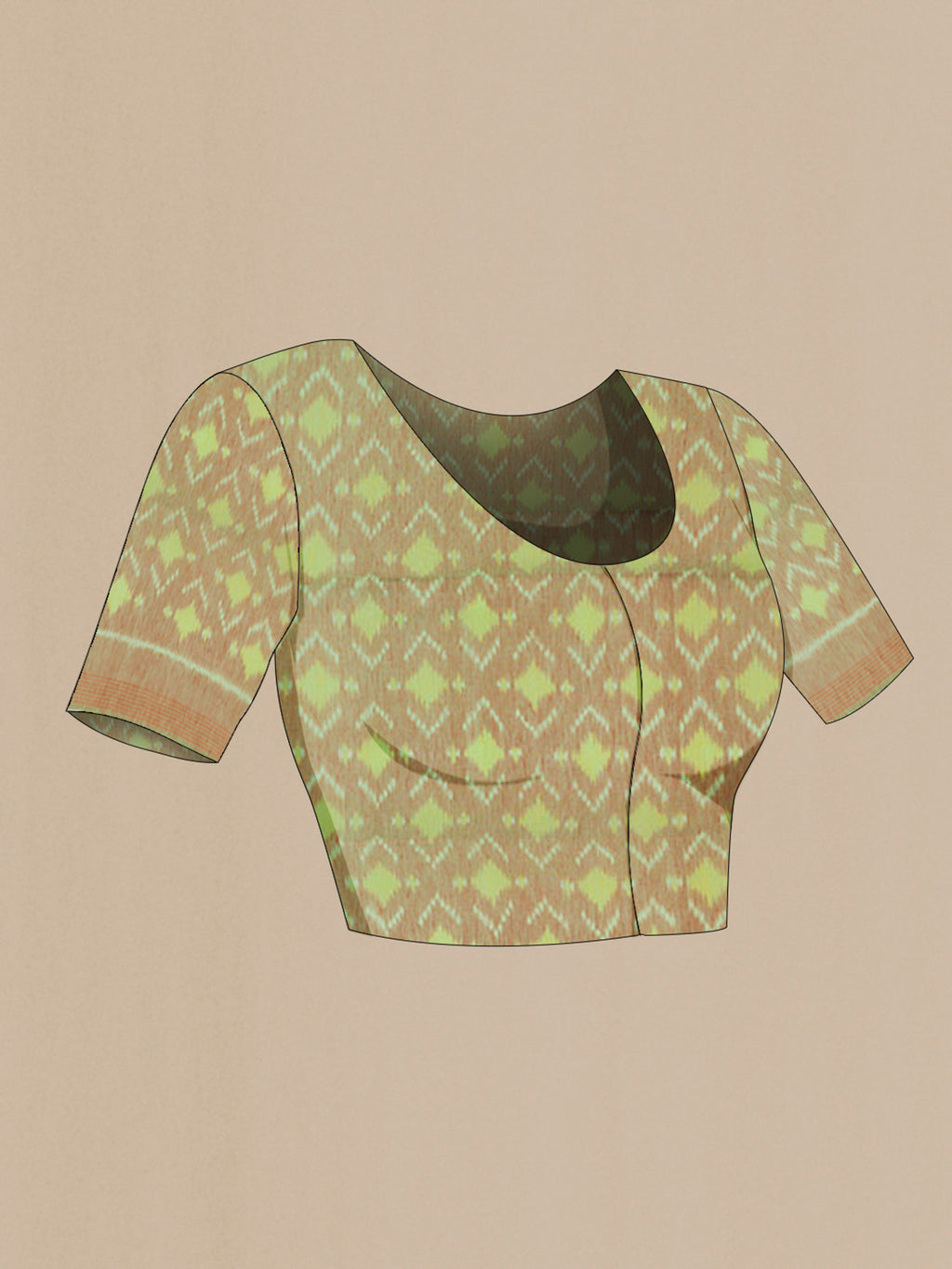 Close up image of the blouse of Green Soft Silk Saree with Zari Butta on the body and Zari Border. 