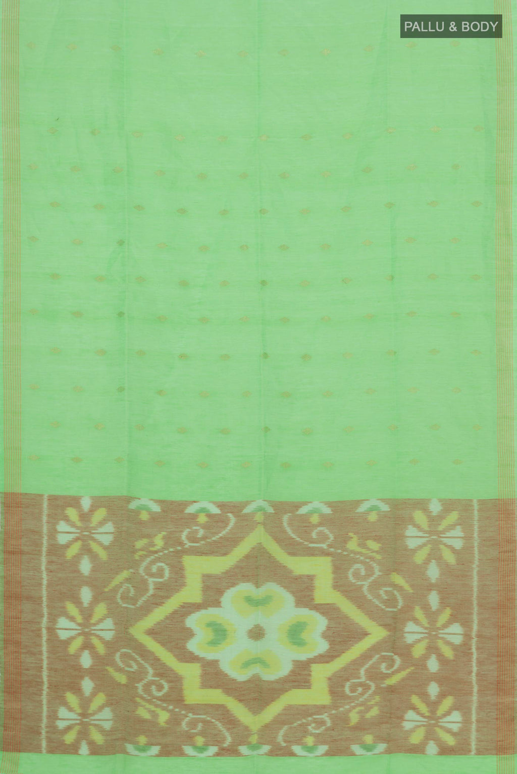 Flat view of Green Soft Silk Saree with Zari Butta on the body and Zari Border. 