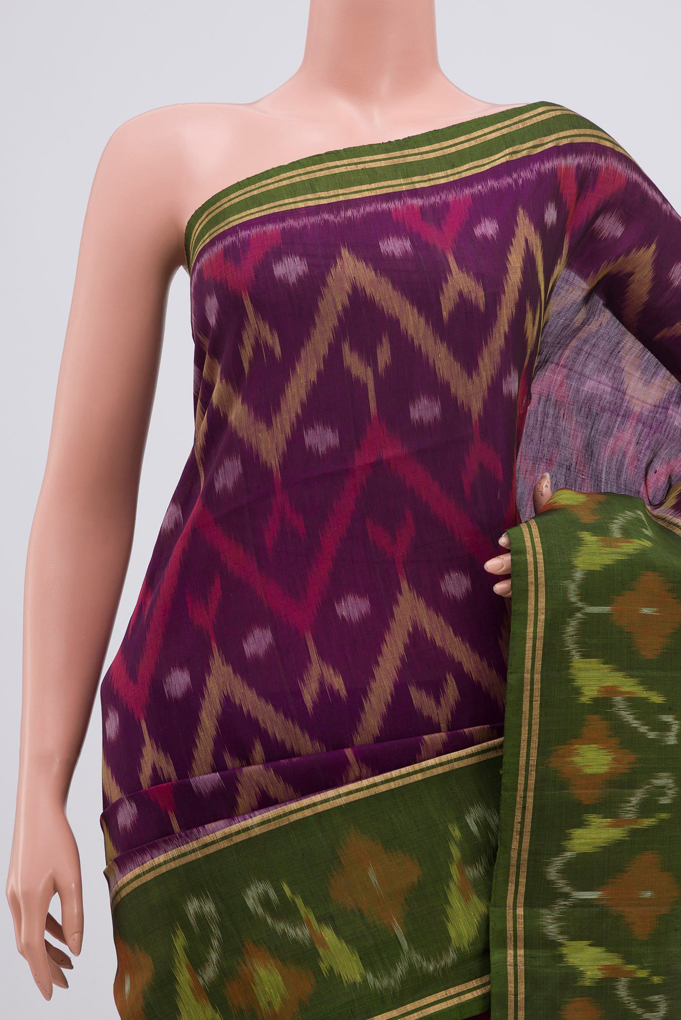 Border image of Purple Soft Silk Saree with Ikat Print on the body and Ikat Border. 