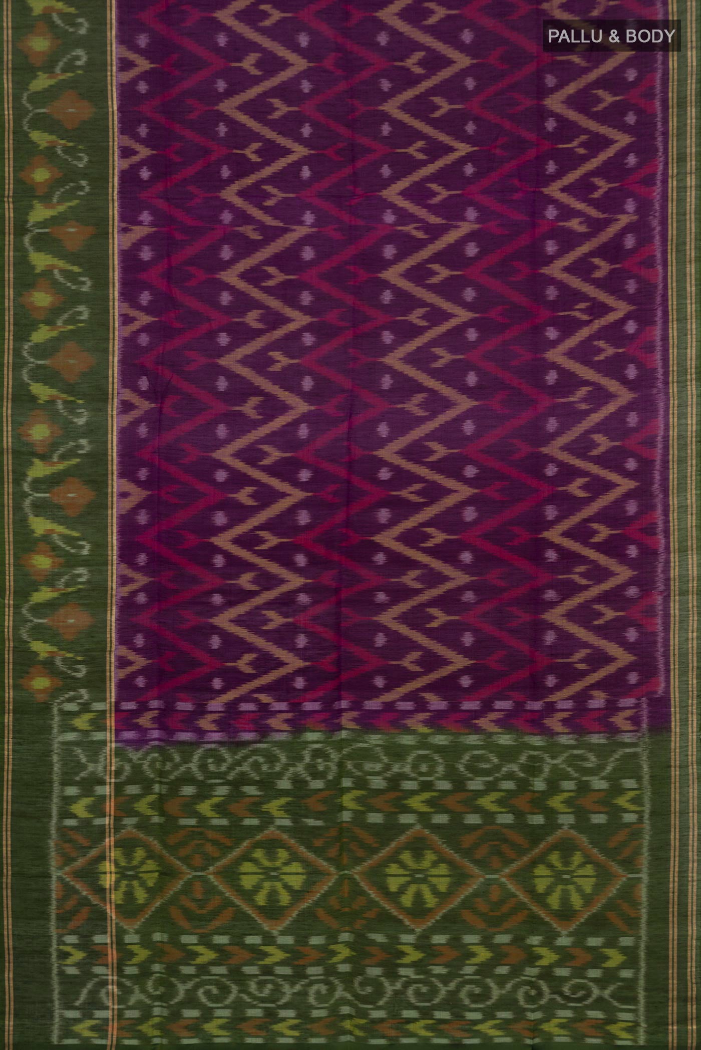 Flat view of Purple Soft Silk Saree with Ikat Print on the body and Ikat Border. 