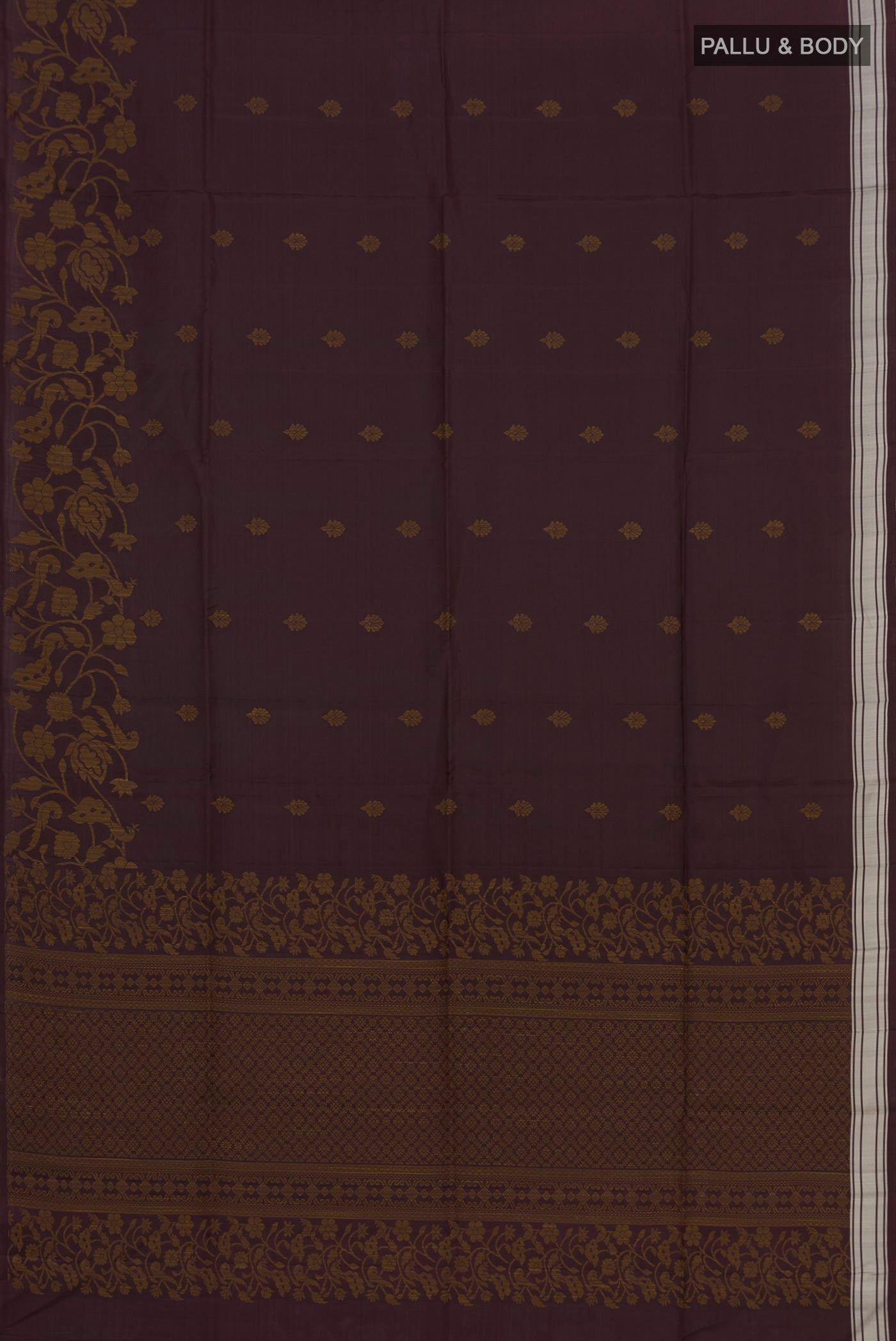 Flat view of Brown Soft Silk Saree with Thread Butta on the body and Without Border. 