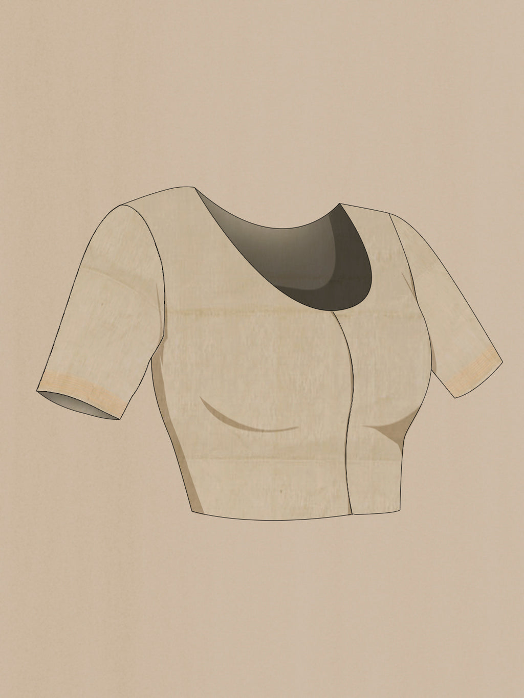 Close up image of the blouse of Beige Soft Silk Saree with Zari Butta on the body and Thin Zari Line. 