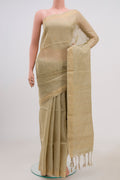 Beige Soft Silk Saree with Zari Butta on the body and Thin Zari Line.  displayed on a mannequin