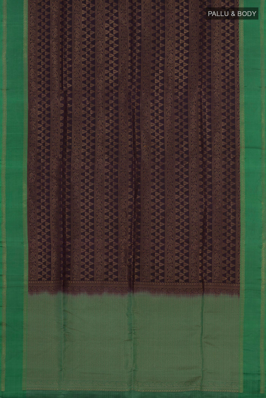 Flat view of Brown Soft Silk Saree with Zari Brocade on the body and Thin Zari Line. 