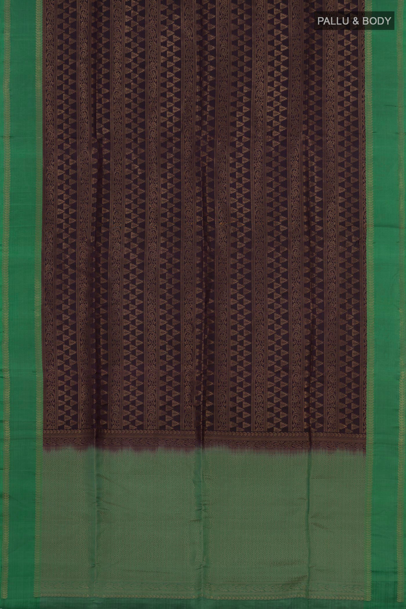 Flat view of Brown Soft Silk Saree with Zari Brocade on the body and Thin Zari Line. 