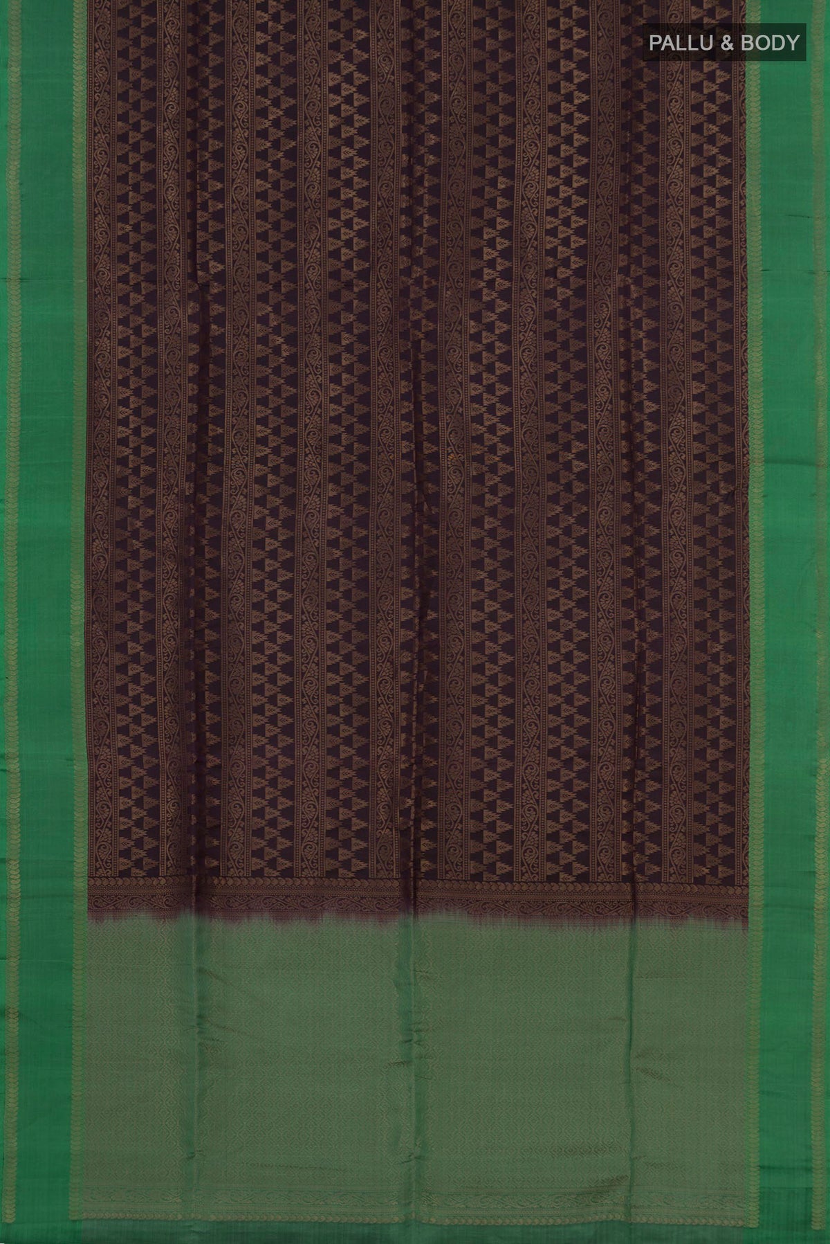 Flat view of Brown Soft Silk Saree with Zari Brocade on the body and Thin Zari Line. 