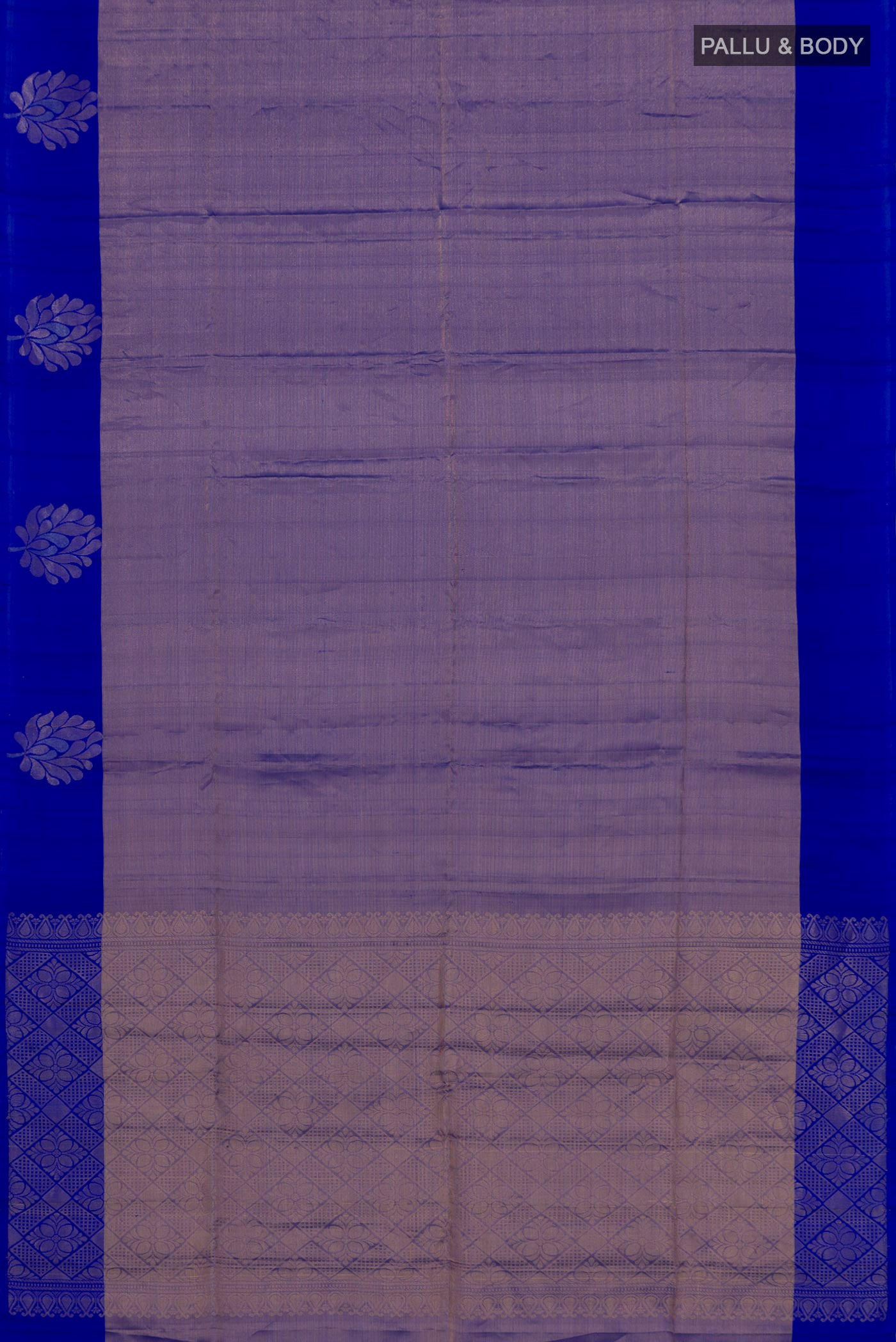 Flat view of Blue Soft Silk Saree with Zari Brocade on the body and Fancy Border. 