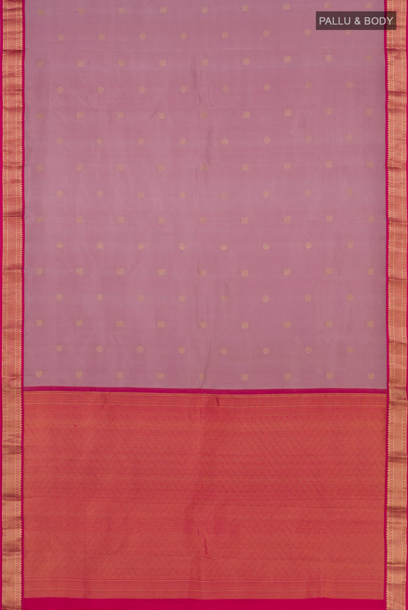 Flat view of Lavender Kanchipuram Silk Saree with Zari Butta on the body and Zari Border. 