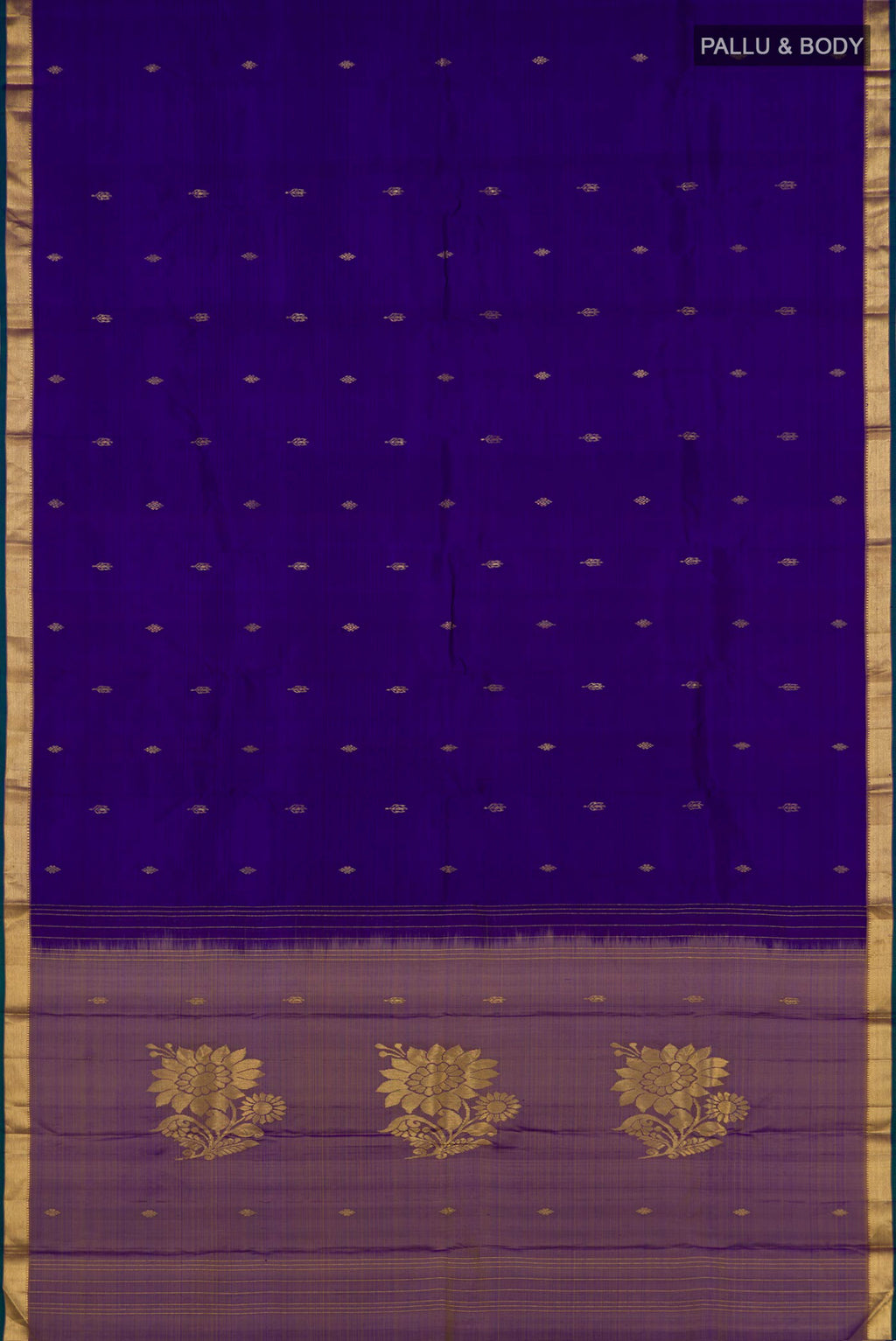 Flat view of Pure Silk Pure Zari Navy Blue Kanchipuram Saree with Zari Butta on the body and Zari Border. 