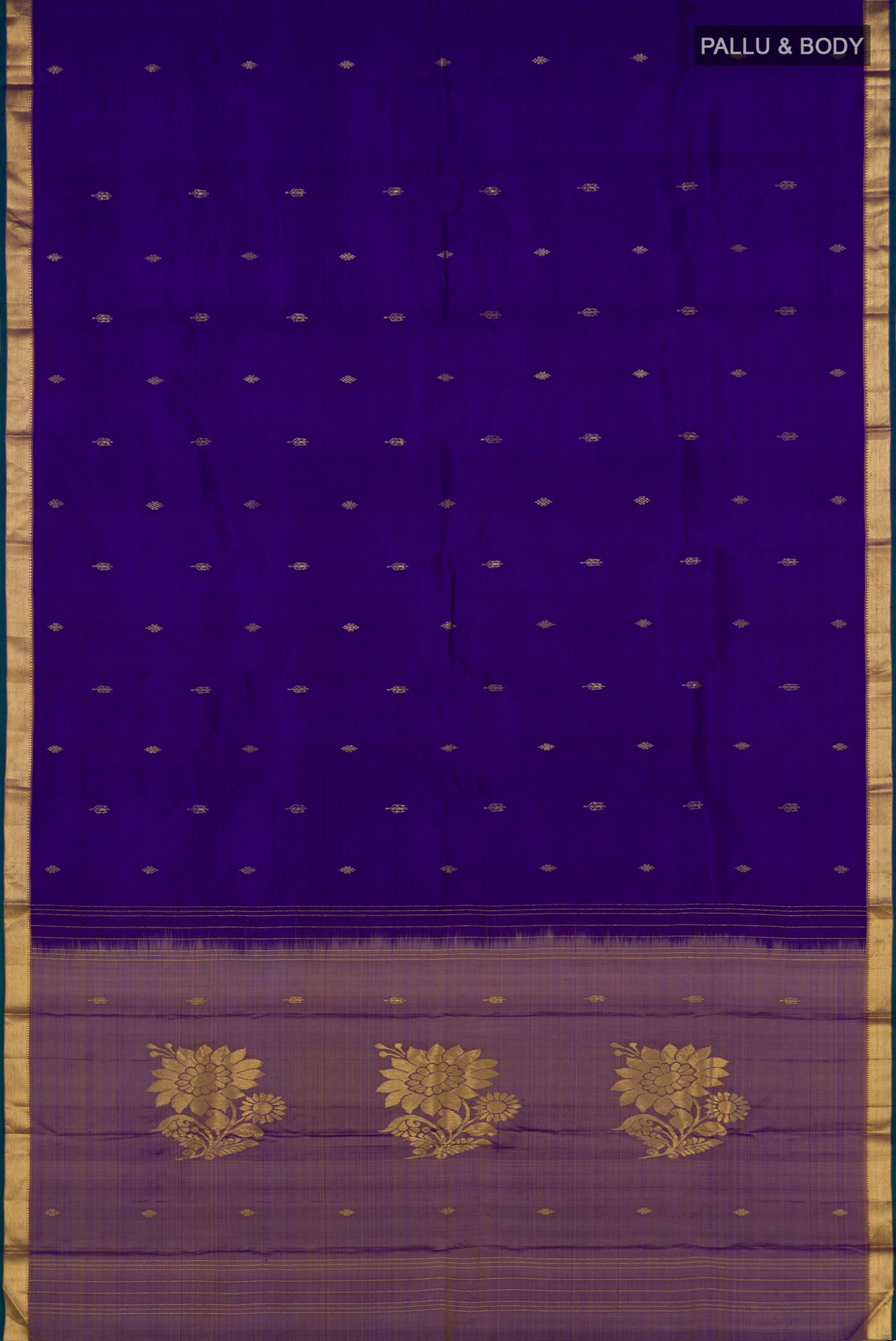 Flat view of Pure Silk Pure Zari Navy Blue Kanchipuram Saree with Zari Butta on the body and Zari Border. 
