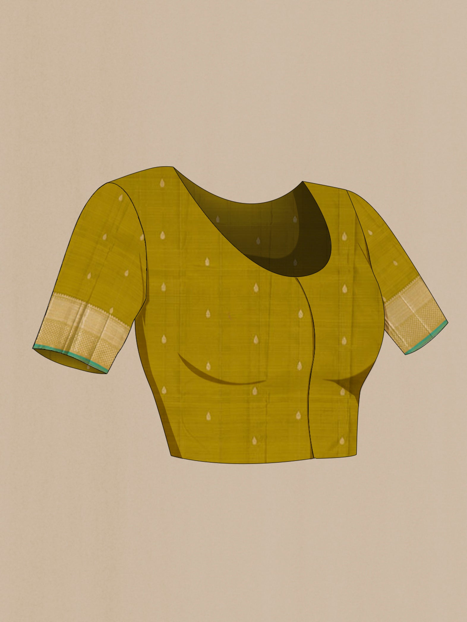 Close up image of the blouse of Mehandi Green Kanchipuram Silk Saree with Zari Brocade on the body and Zari Border. 