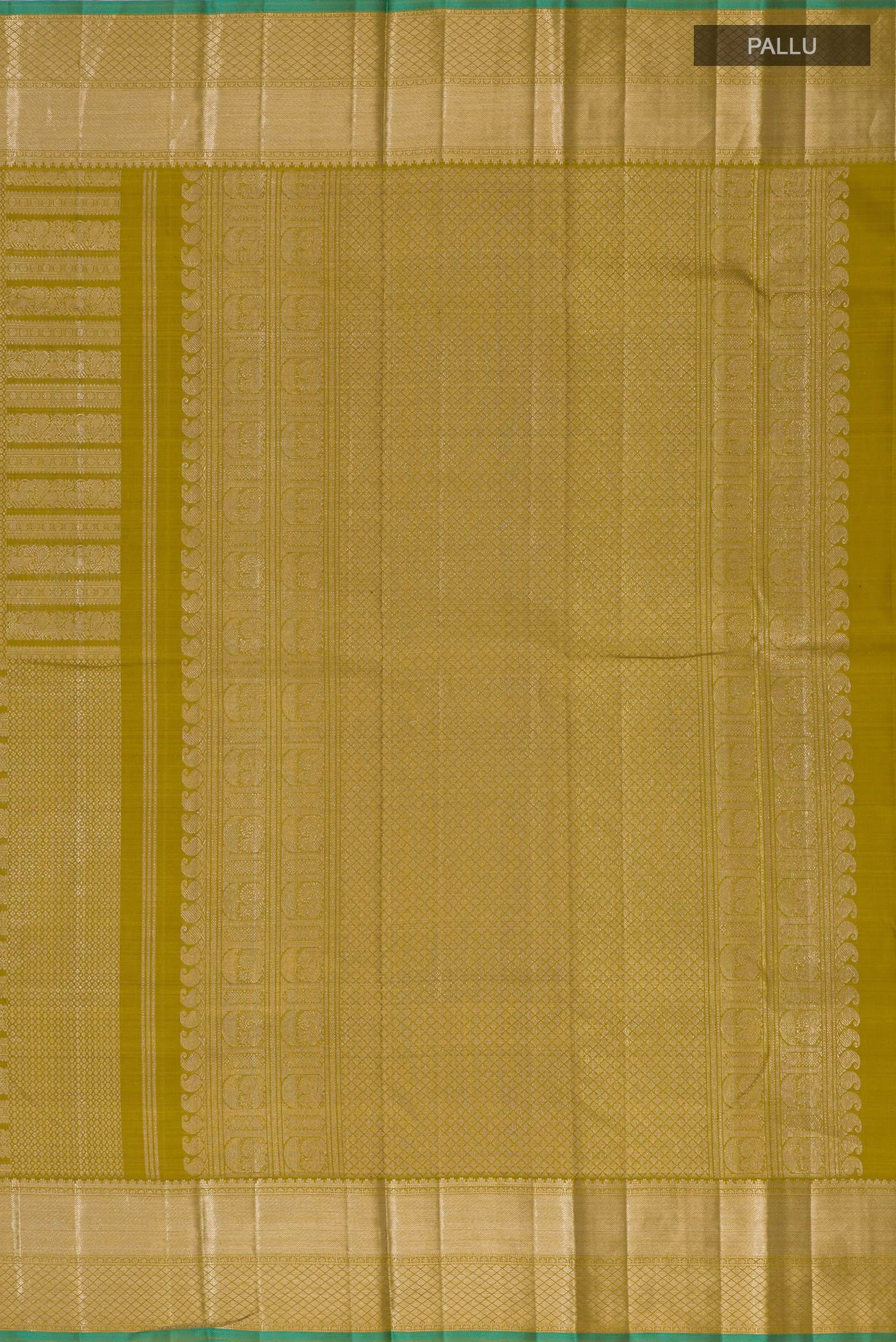 Close up image of the pallu of Mehandi Green Kanchipuram Silk Saree with Zari Brocade on the body and Zari Border. 