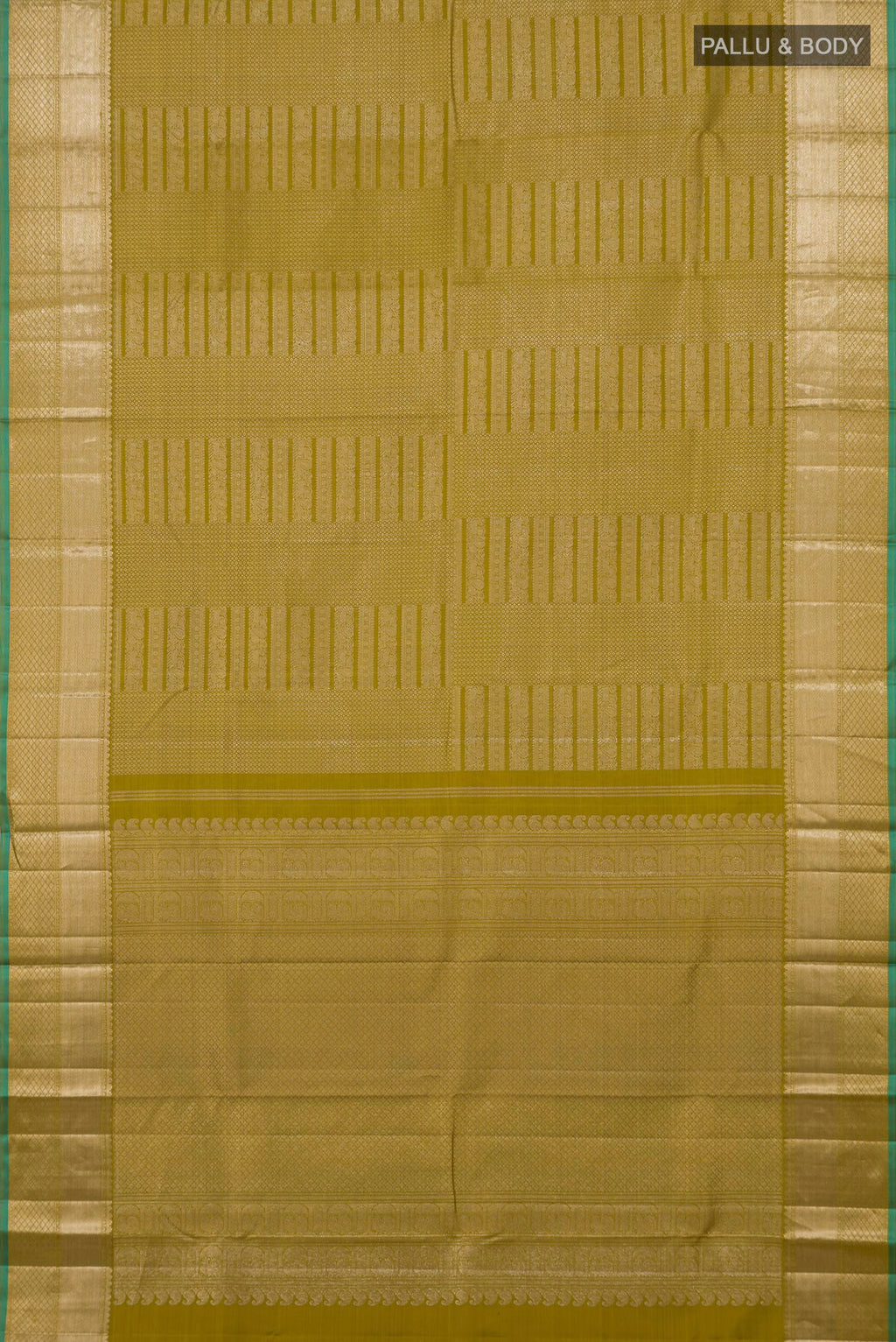 Flat view of Mehandi Green Kanchipuram Silk Saree with Zari Brocade on the body and Zari Border. 