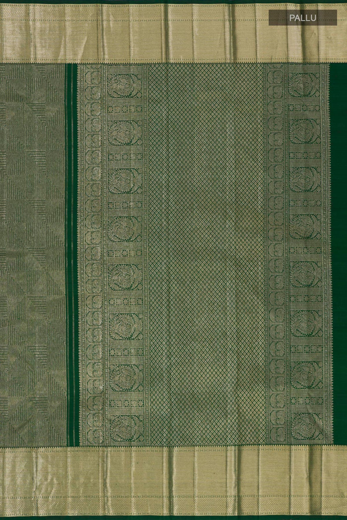 Close up image of the pallu of Green Kanchipuram Saree with Zari Brocade on the body and Zari Border. 