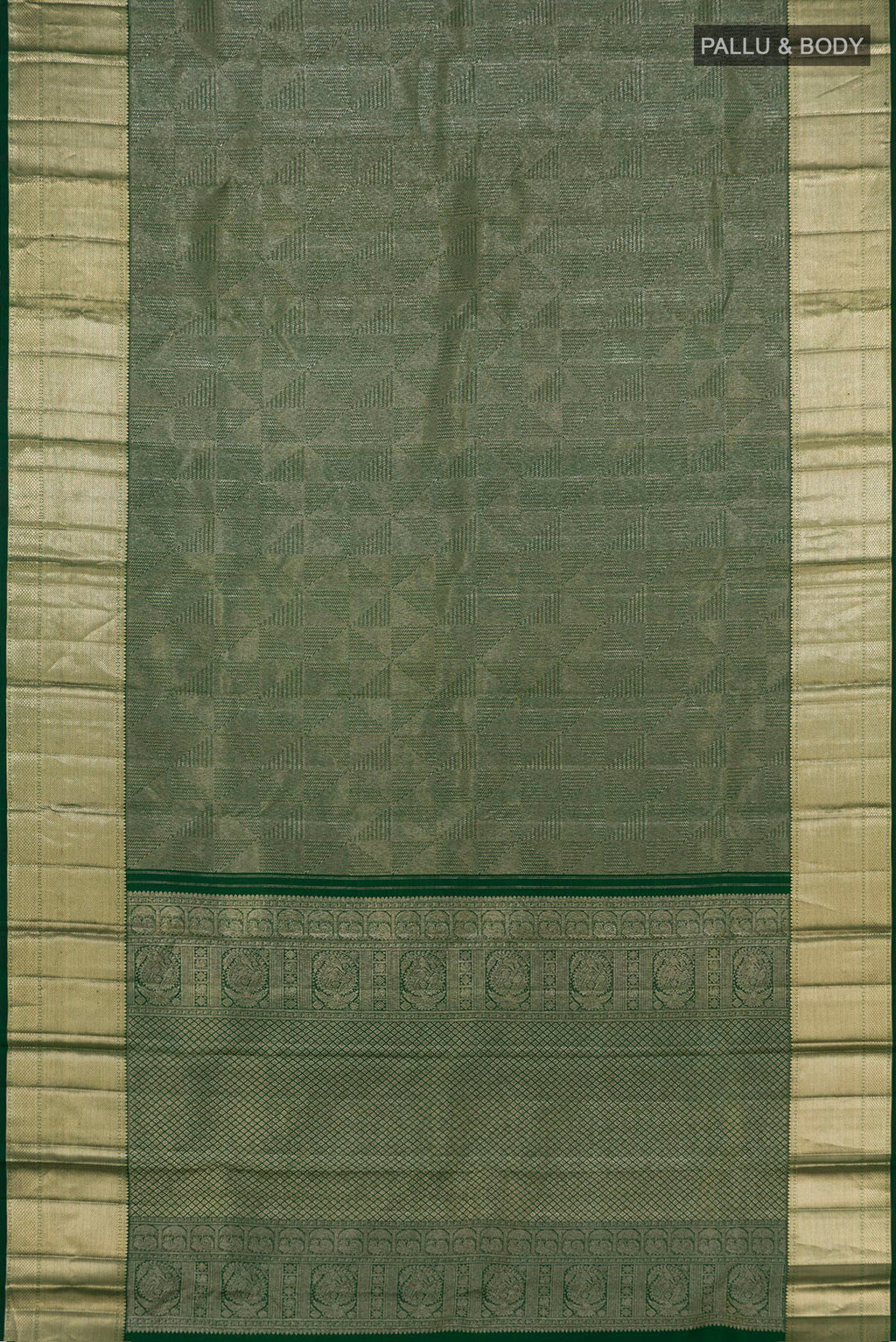 Flat view of Green Kanchipuram Saree with Zari Brocade on the body and Zari Border. 