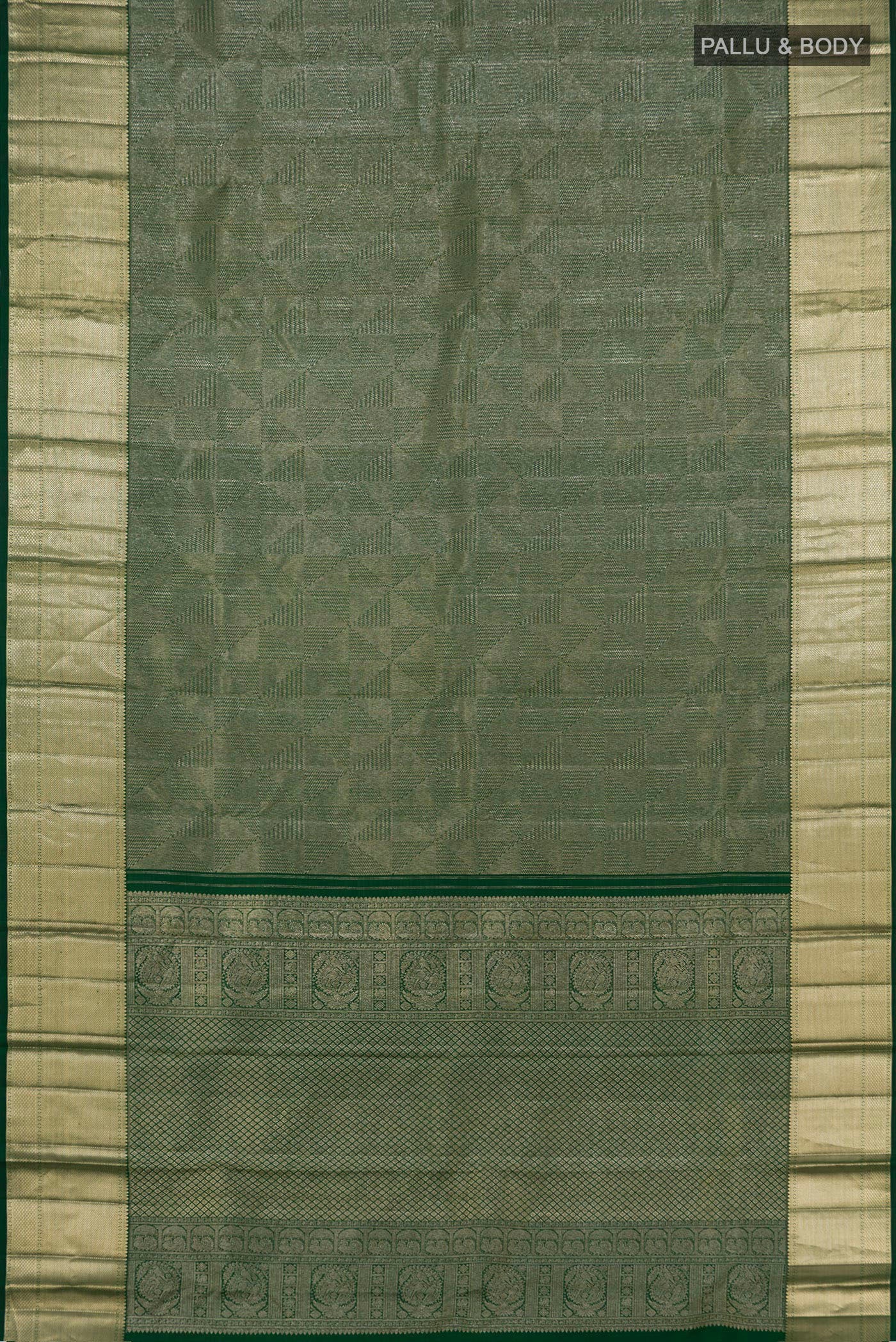 Flat view of Green Kanchipuram Saree with Zari Brocade on the body and Zari Border. 