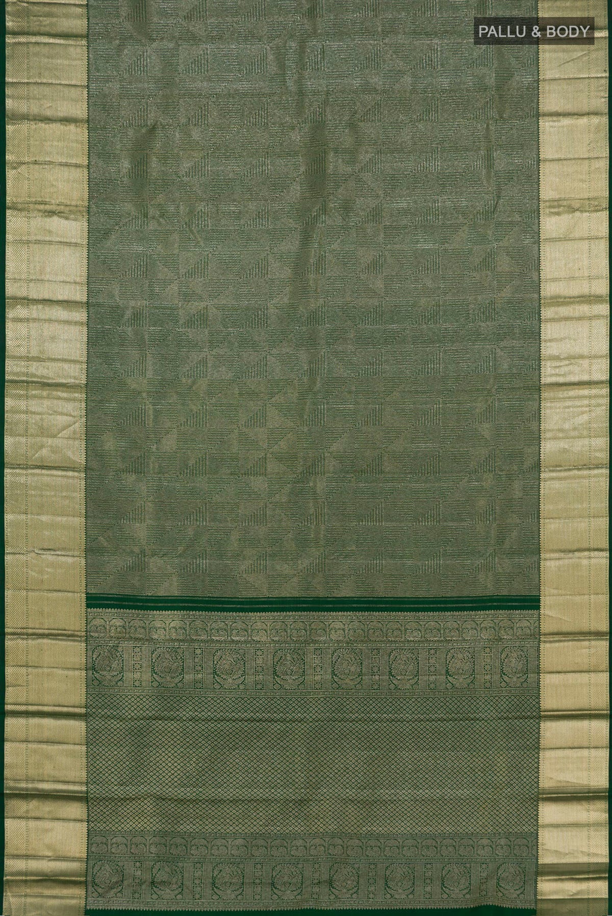 Flat view of Green Kanchipuram Saree with Zari Brocade on the body and Zari Border. 