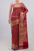 Maroon Kanchipuram Silk Saree with Zari Brocade on the body and Zari Border.  displayed on a mannequin