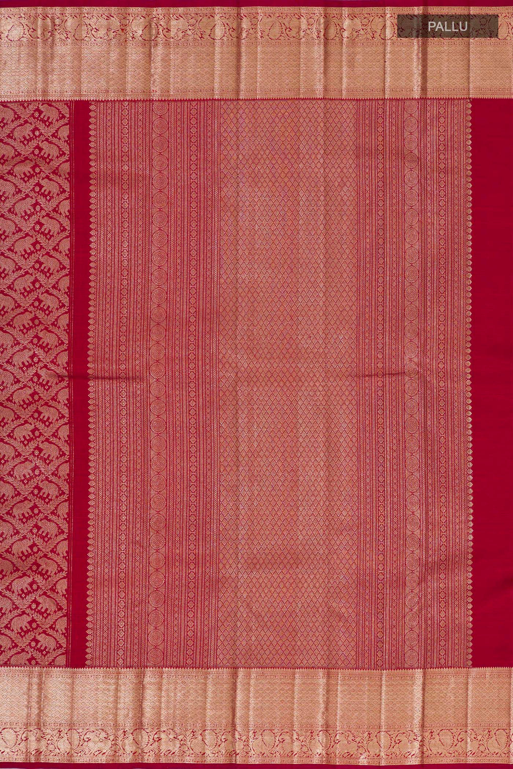 Close up image of the pallu of Maroon Kanchipuram Silk Saree with Zari Brocade on the body and Zari Border. 