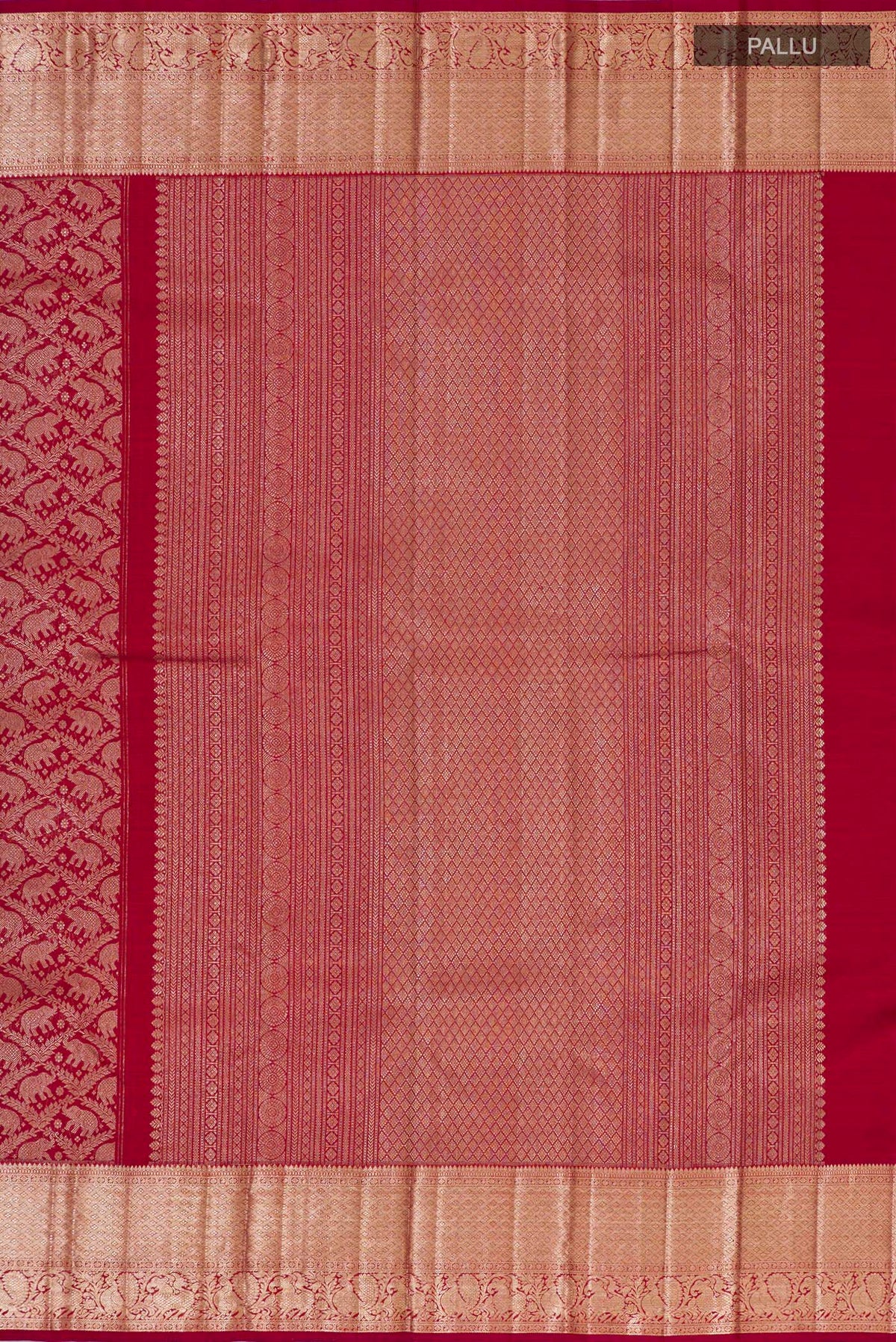 Close up image of the pallu of Maroon Kanchipuram Silk Saree with Zari Brocade on the body and Zari Border. 