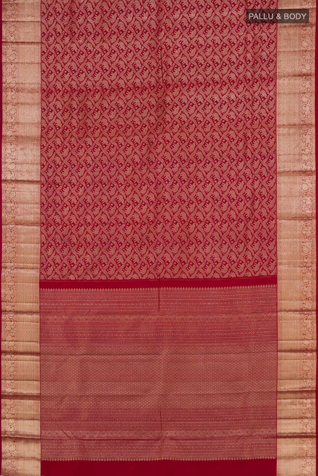 Flat view of Maroon Kanchipuram Silk Saree with Zari Brocade on the body and Zari Border. 