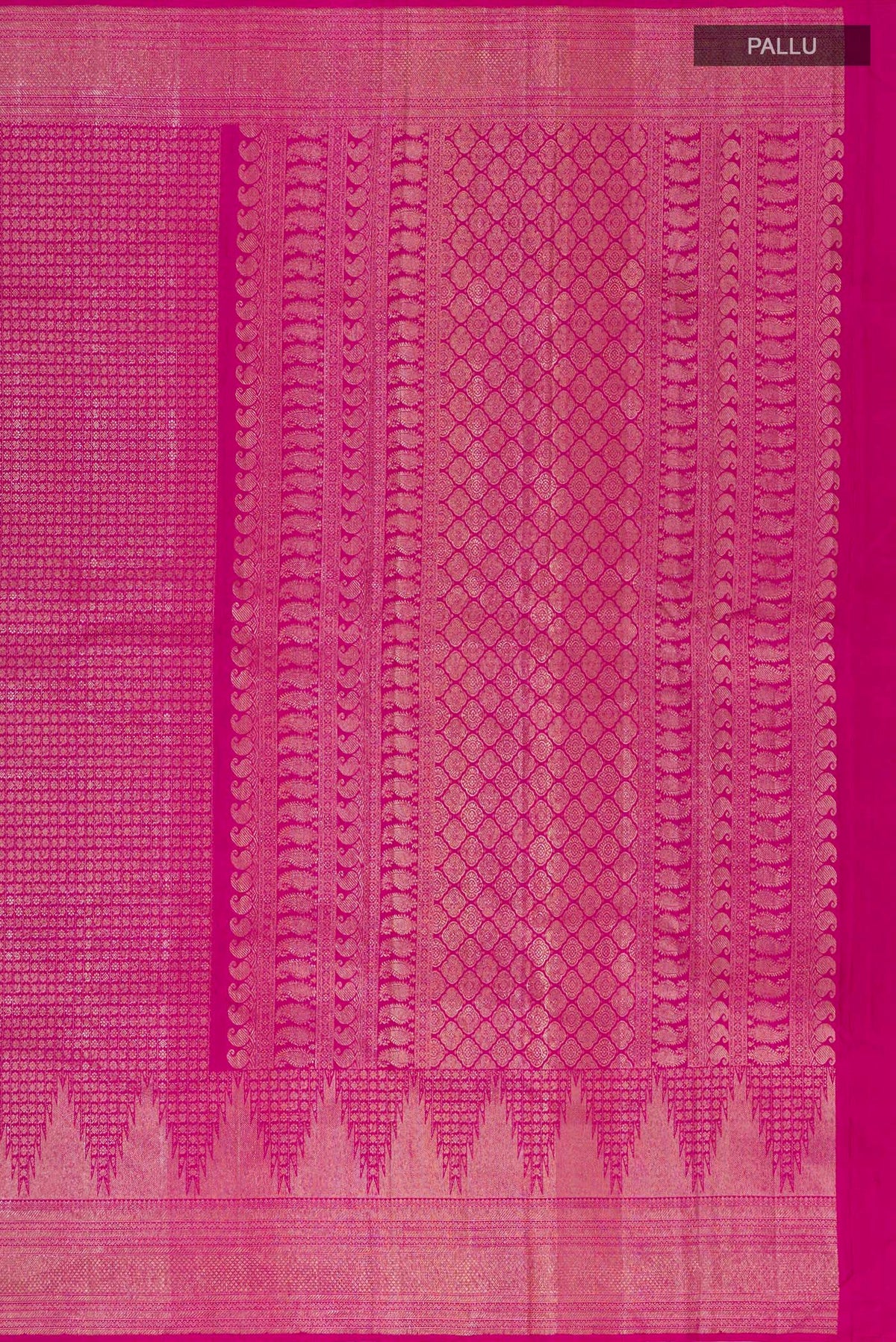 Close up image of the pallu of Pink Kanchipuram Silk Saree with Thread Brocade on the body and Zari Border. 