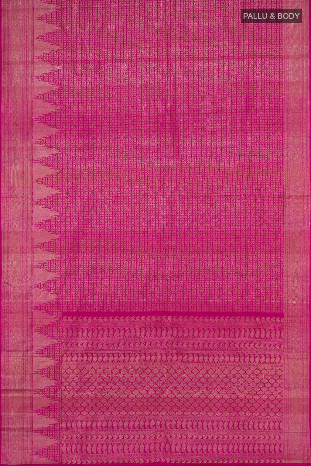 Flat view of Pink Kanchipuram Silk Saree with Thread Brocade on the body and Zari Border. 