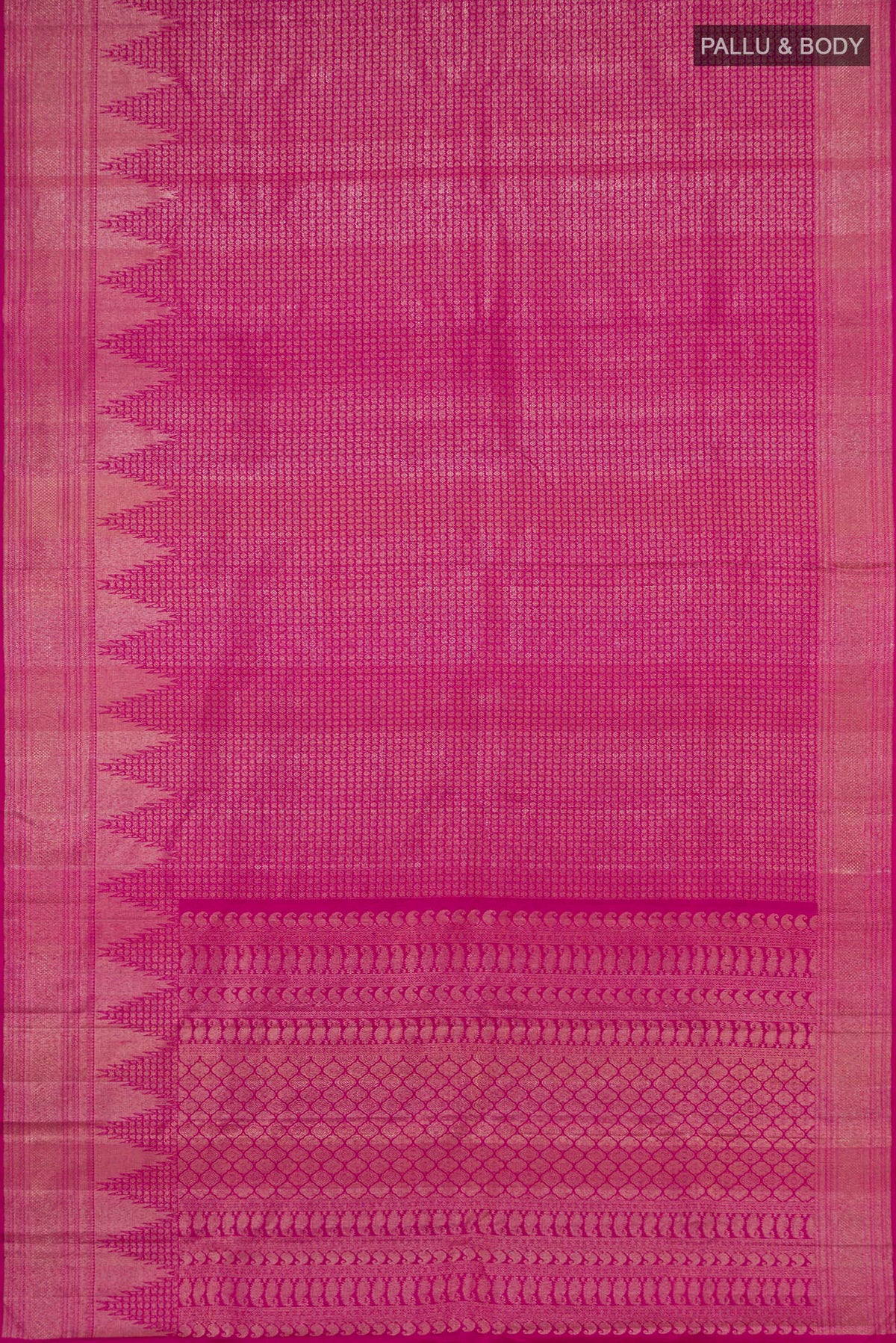 Flat view of Pink Kanchipuram Silk Saree with Thread Brocade on the body and Zari Border. 