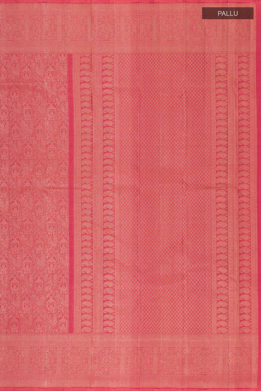 Close up image of the pallu of Pink Kanchipuram Saree with Zari Brocade on the body and Zari Border. 