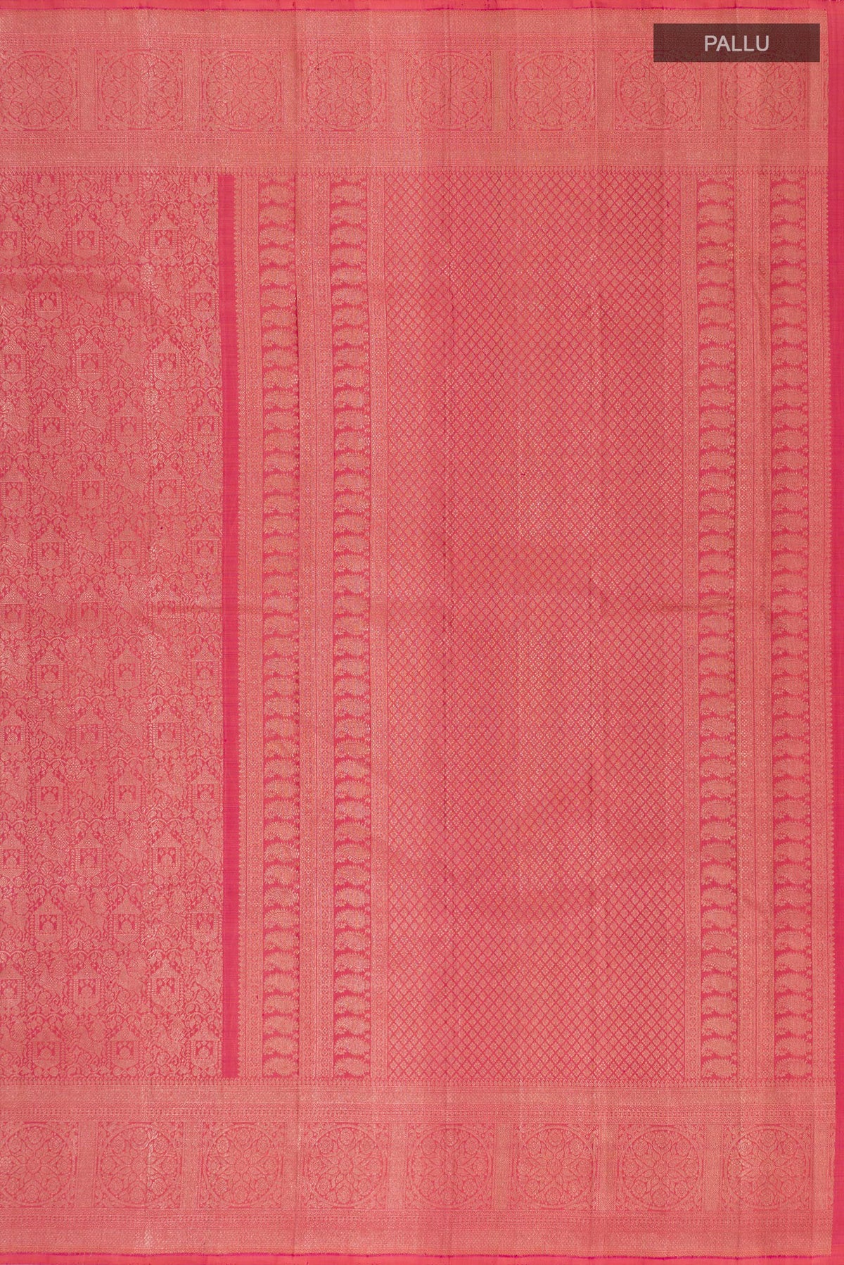 Close up image of the pallu of Pink Kanchipuram Saree with Zari Brocade on the body and Zari Border. 