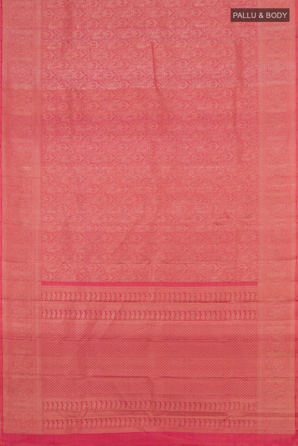 Flat view of Pink Kanchipuram Saree with Zari Brocade on the body and Zari Border. 