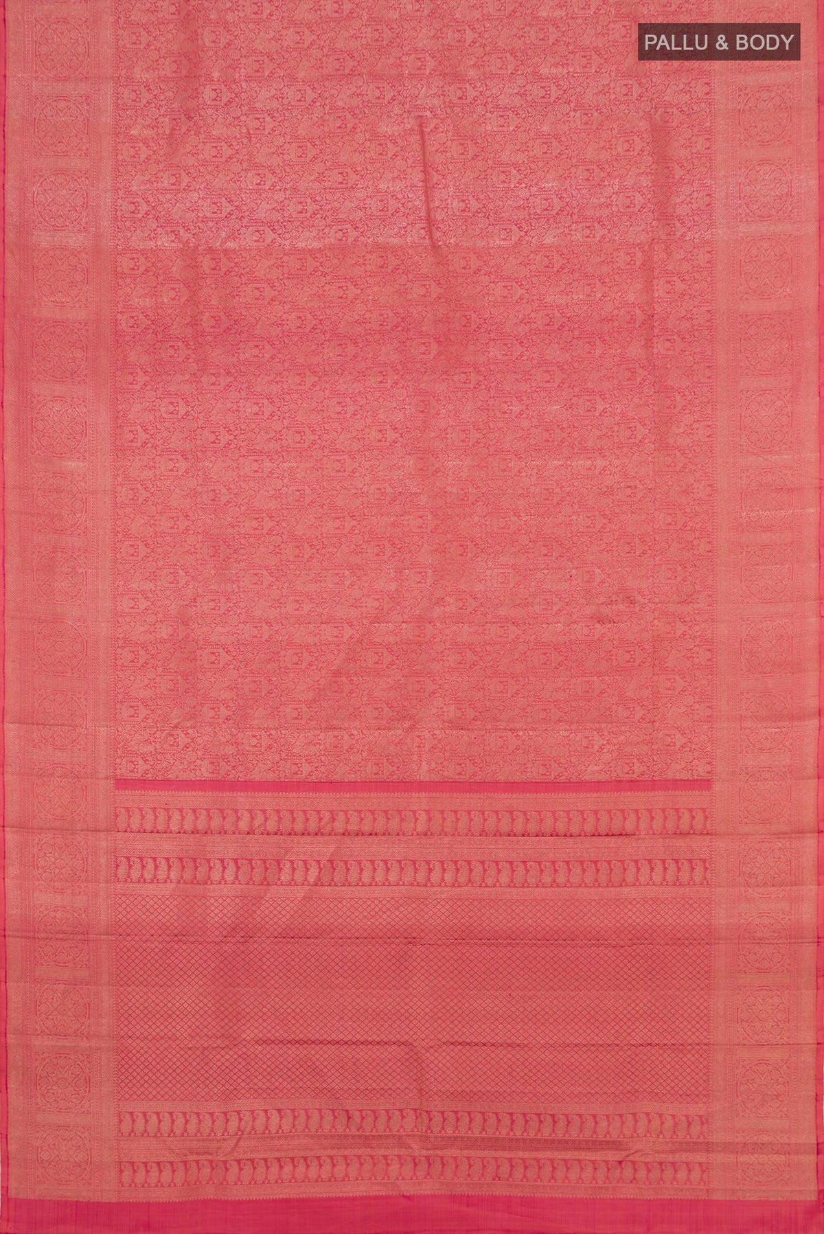 Flat view of Pink Kanchipuram Saree with Zari Brocade on the body and Zari Border. 