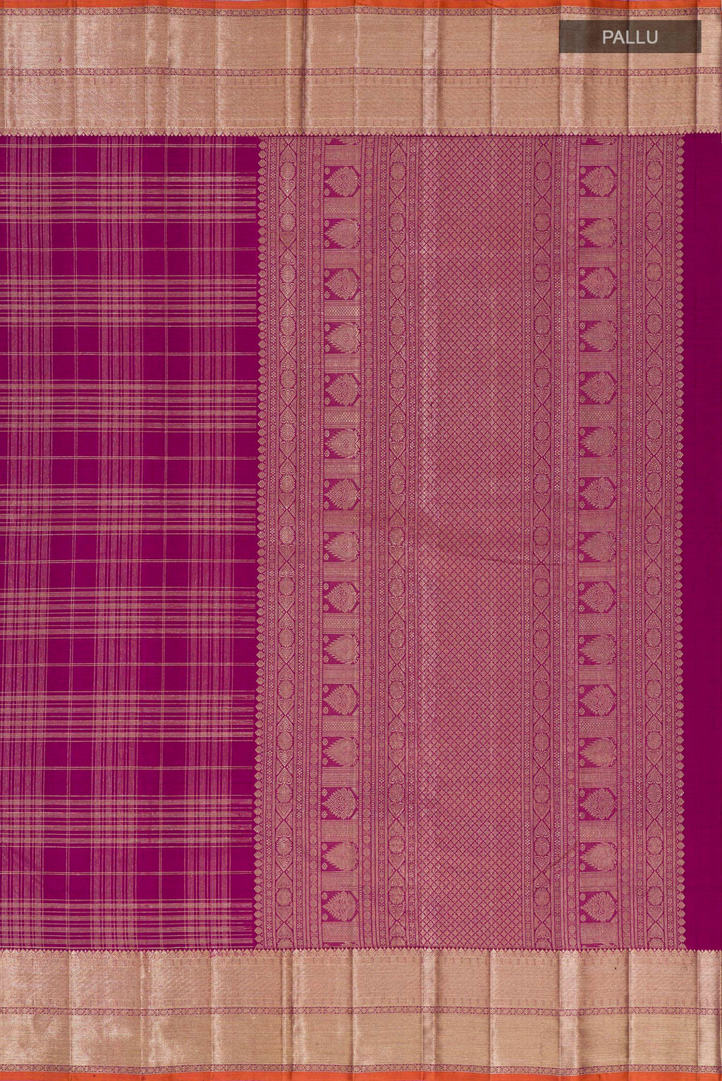 Close up image of the pallu of Purple Kanchipuram Silk Saree with Checked design on the body and Zari Border. 