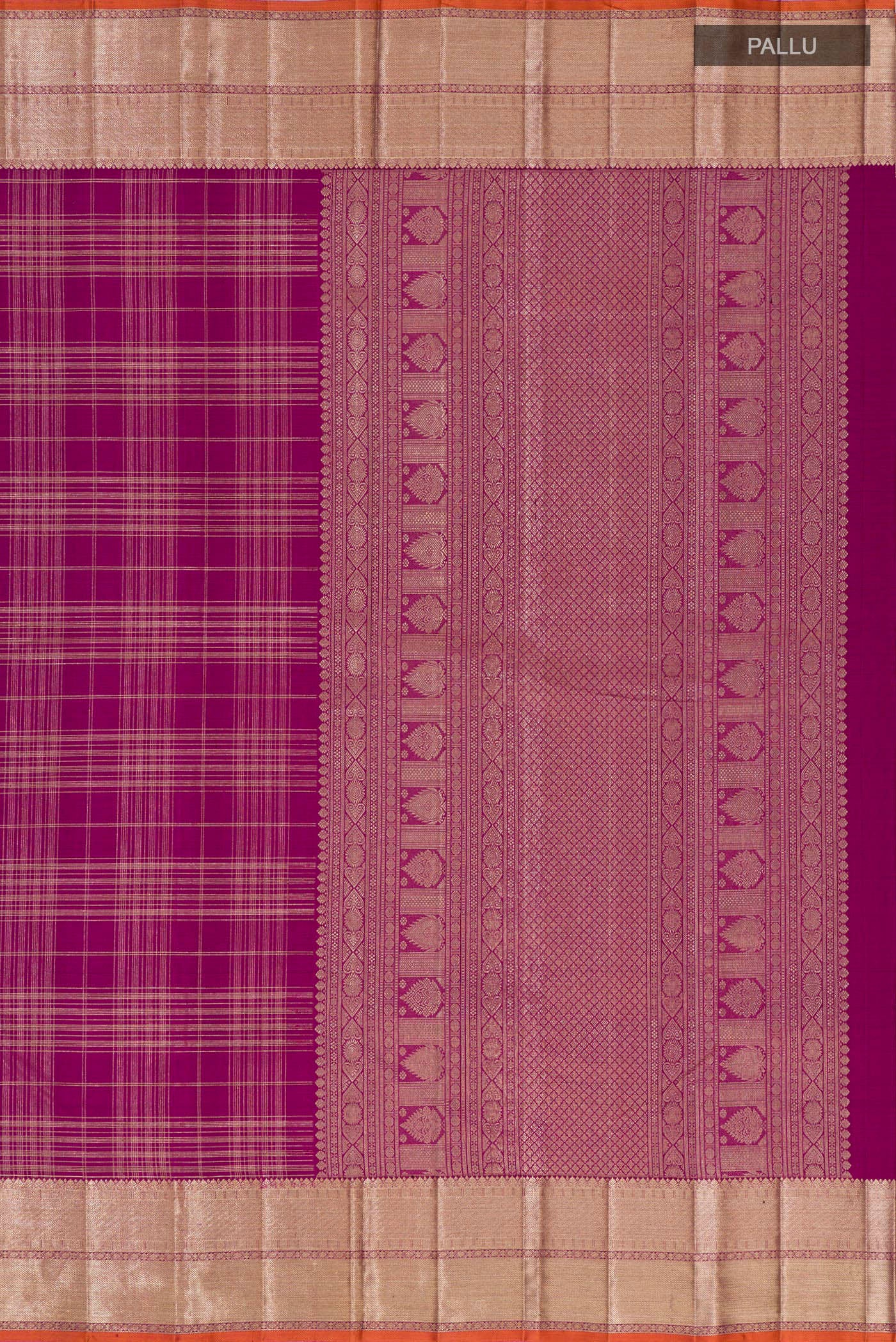 Close up image of the pallu of Purple Kanchipuram Silk Saree with Checked design on the body and Zari Border. 