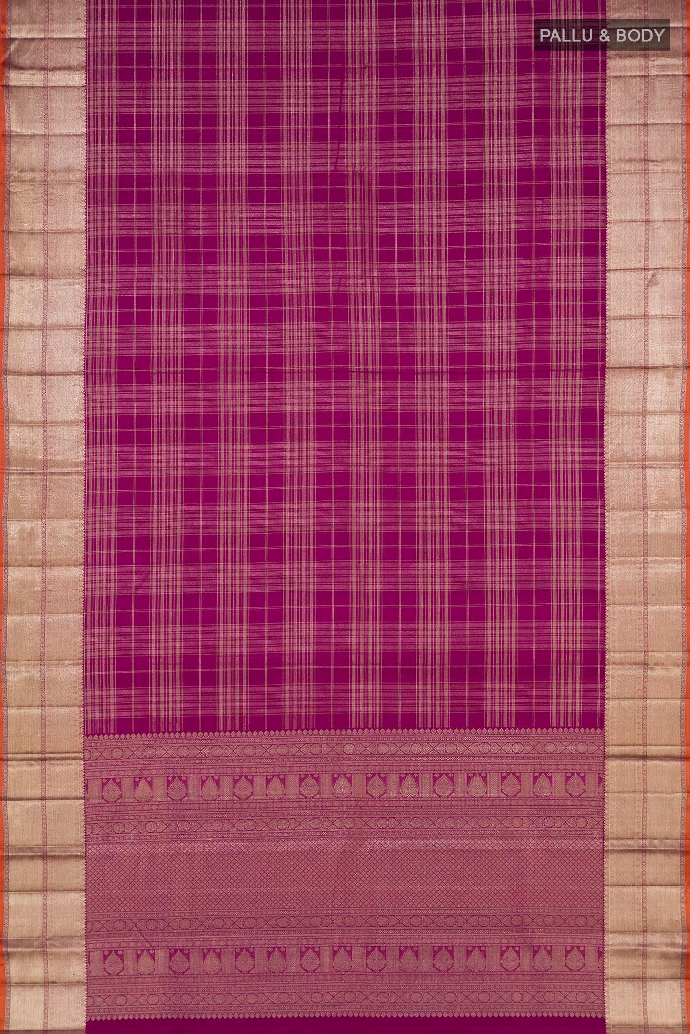 Flat view of Purple Kanchipuram Silk Saree with Checked design on the body and Zari Border. 