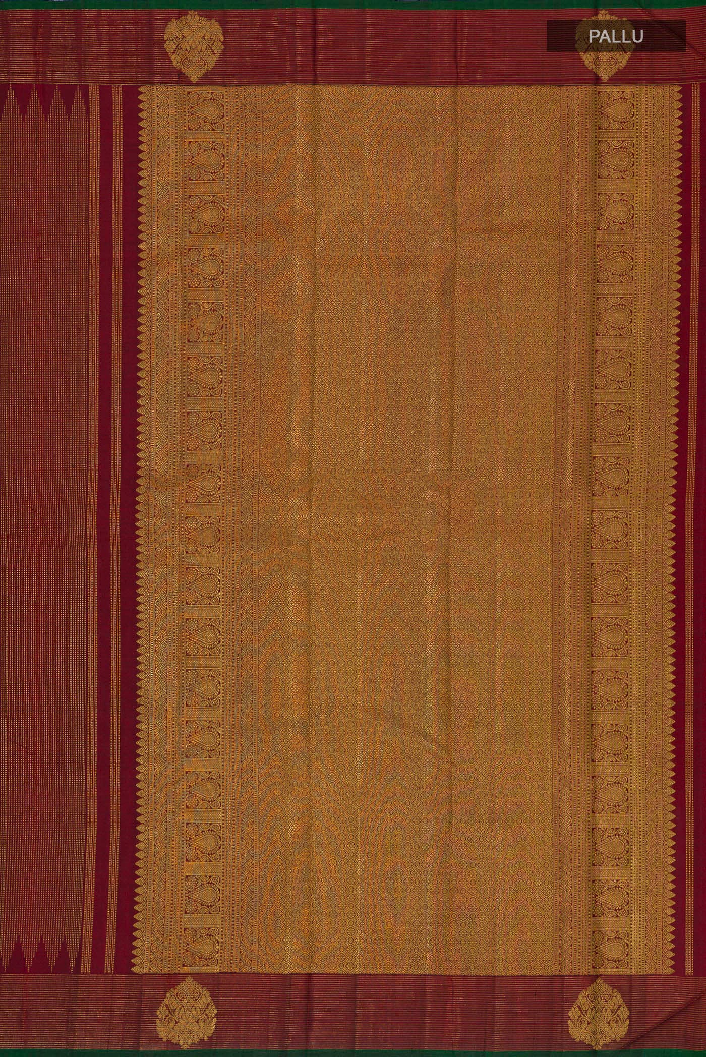 Close up image of the pallu of Maroon Kanjivaram Silk Saree with Zari Brocade on the body and Zari Border. 