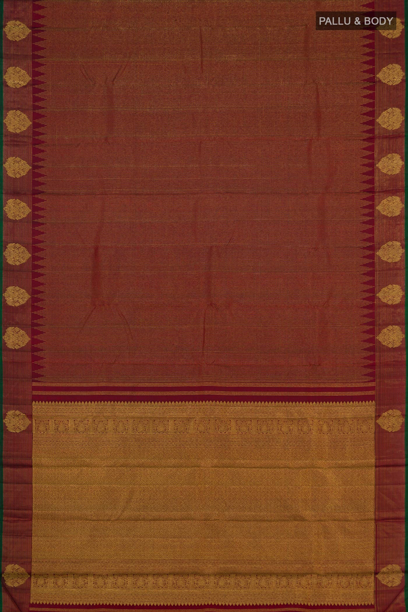Flat view of Maroon Kanjivaram Silk Saree with Zari Brocade on the body and Zari Border. 