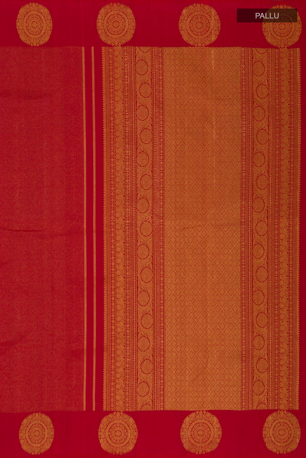 Close up image of the pallu of Red Kanjivaram Silk Saree with Stripes on the body and Fancy Border. 