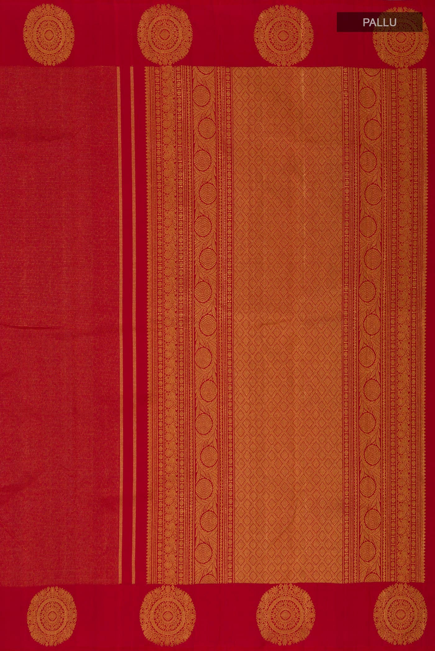 Close up image of the pallu of Red Kanjivaram Silk Saree with Stripes on the body and Fancy Border. 