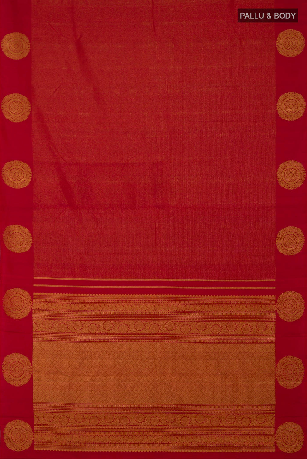 Flat view of Red Kanjivaram Silk Saree with Stripes on the body and Fancy Border. 