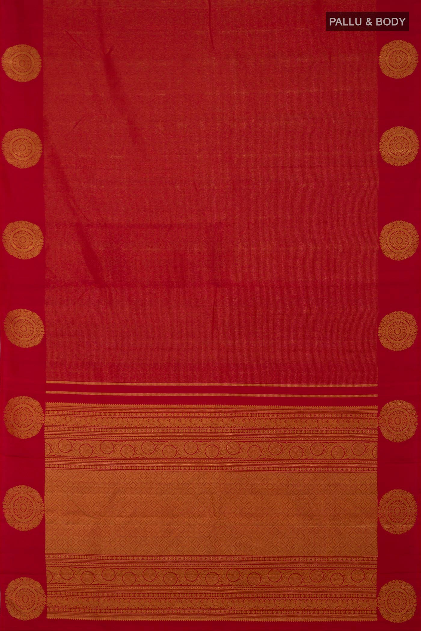 Flat view of Red Kanjivaram Silk Saree with Stripes on the body and Fancy Border. 