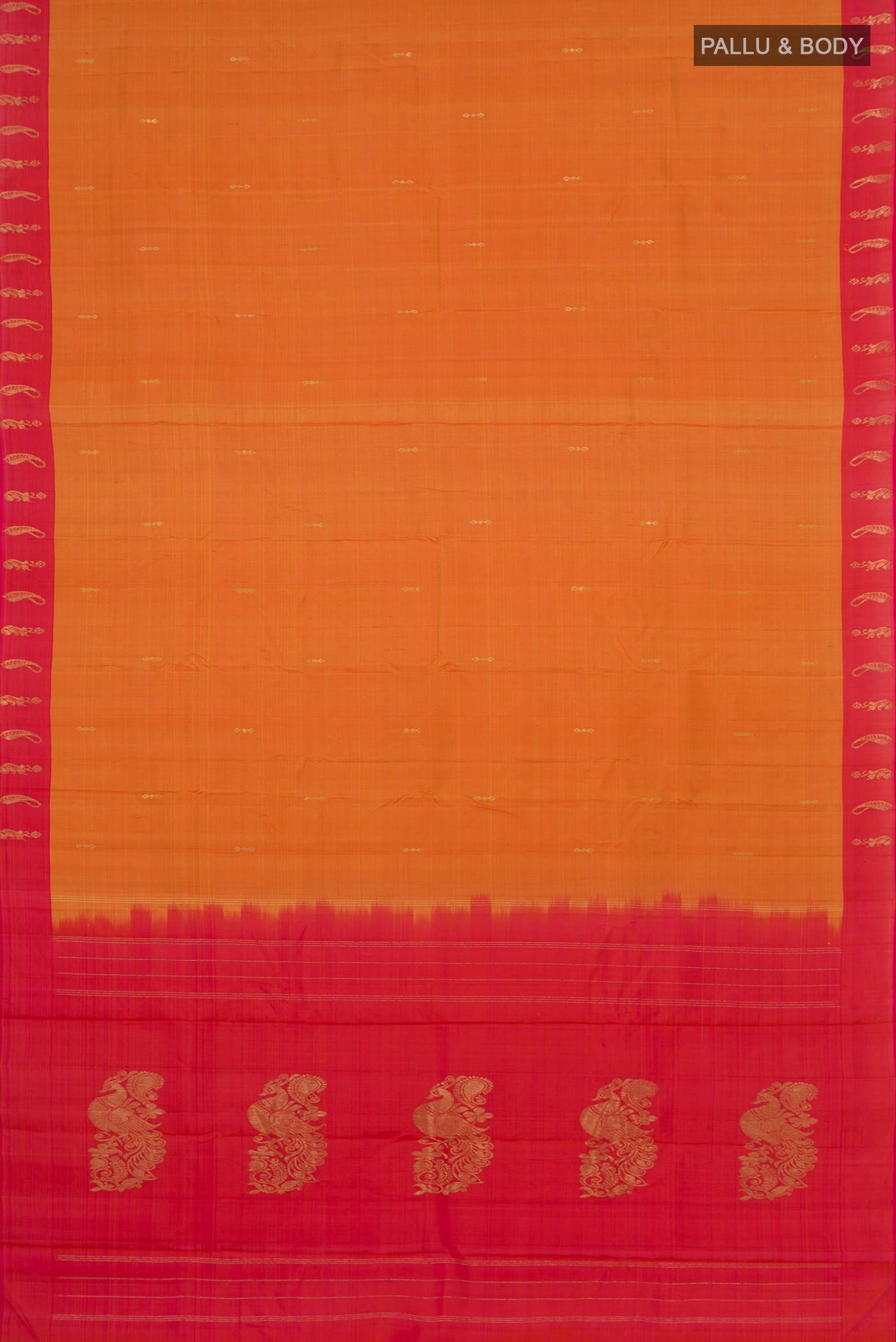 Flat view of Pure Silk Pure Zari Yellow Kanchipuram Saree with Zari Butta on the body and Thin Zari Line. 