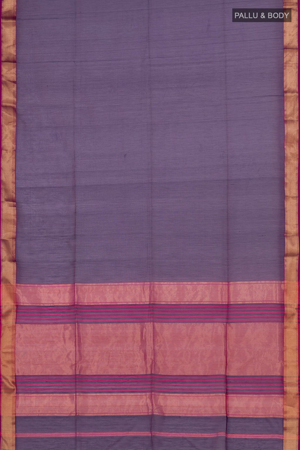 Flat view of Blue Maheshwari Silk Cotton Saree with Plain Body and Zari Border. 