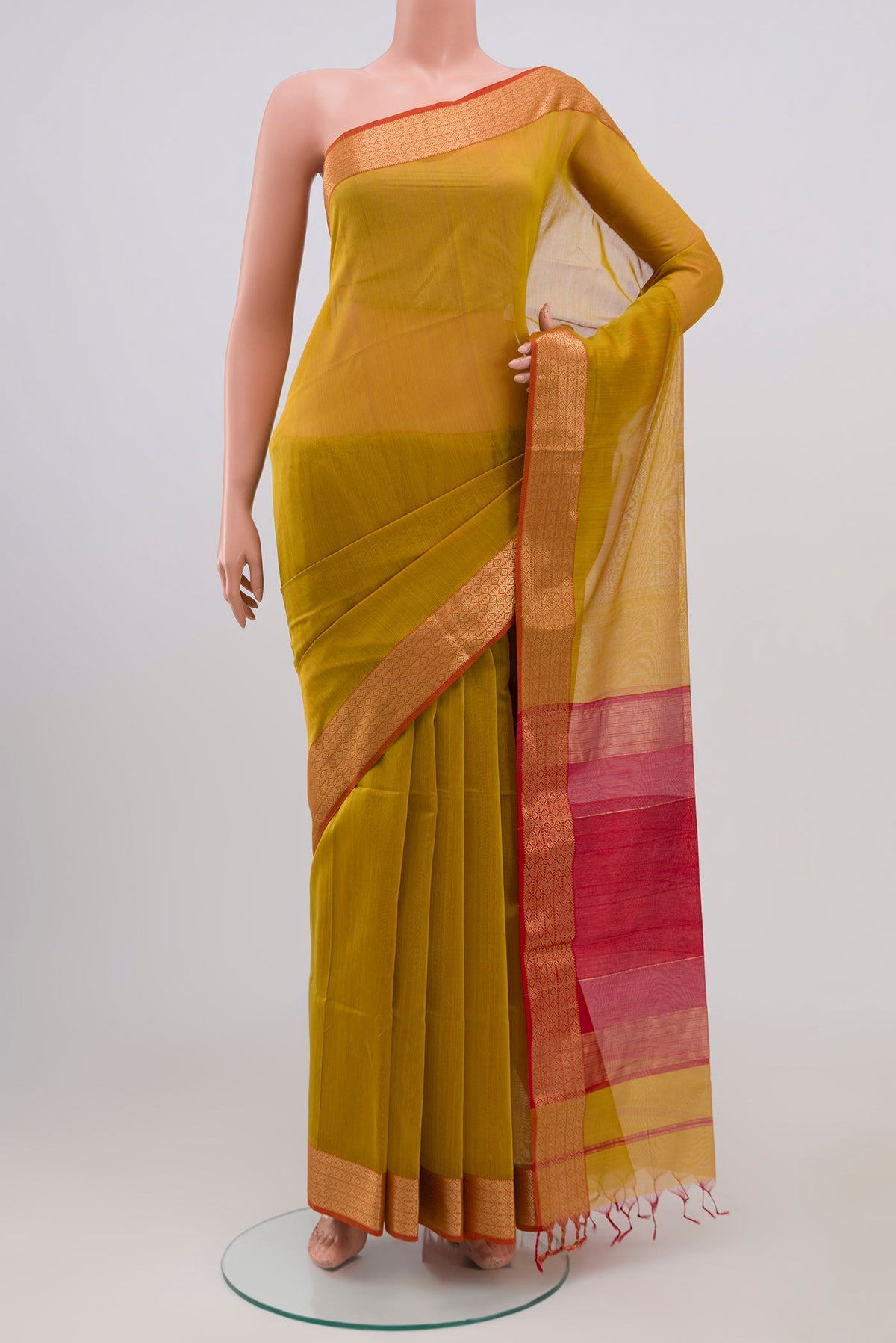 Yellow Maheshwari Silk Cotton Saree with Plain Body and Zari Border.  displayed on a mannequin