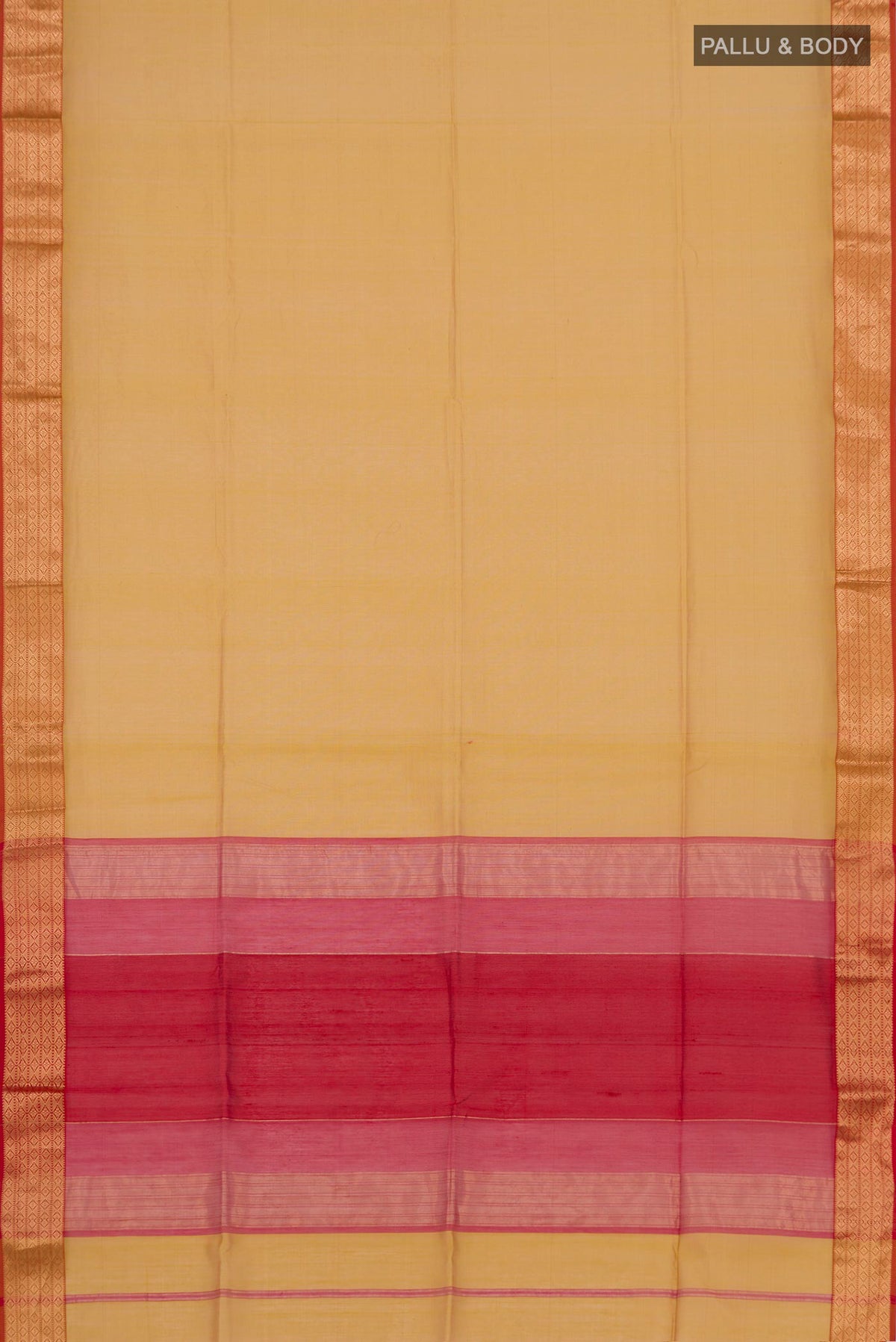 Flat view of Yellow Maheshwari Silk Cotton Saree with Plain Body and Zari Border. 