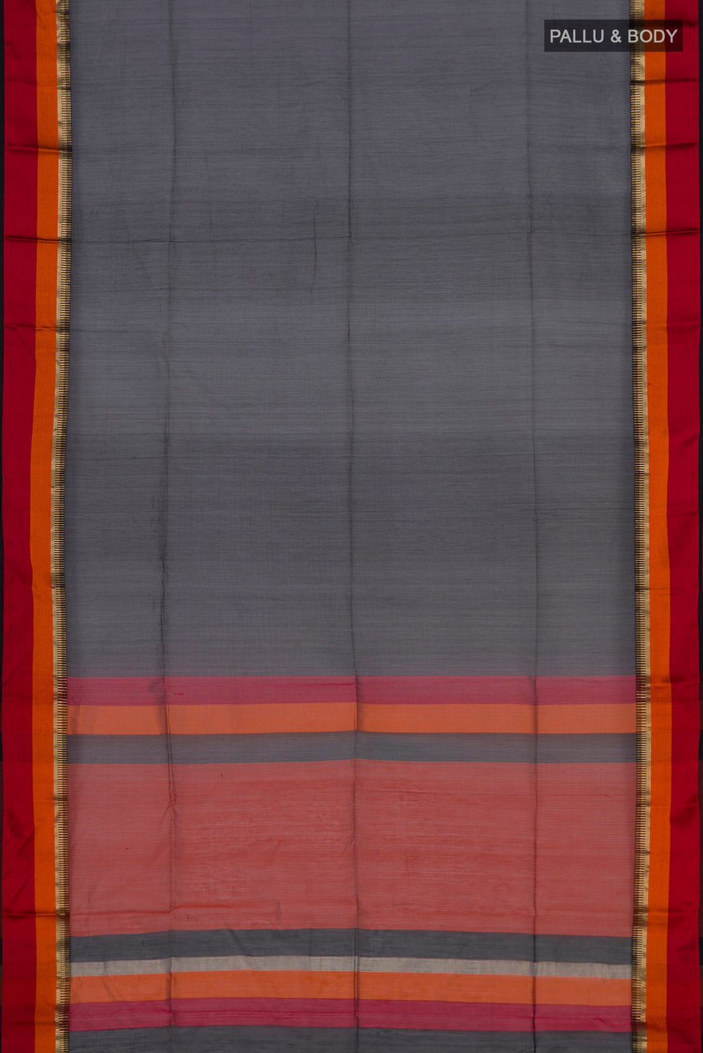 Flat view of Black Maheshwari Silk Saree with Plain Body and Zari Border. 