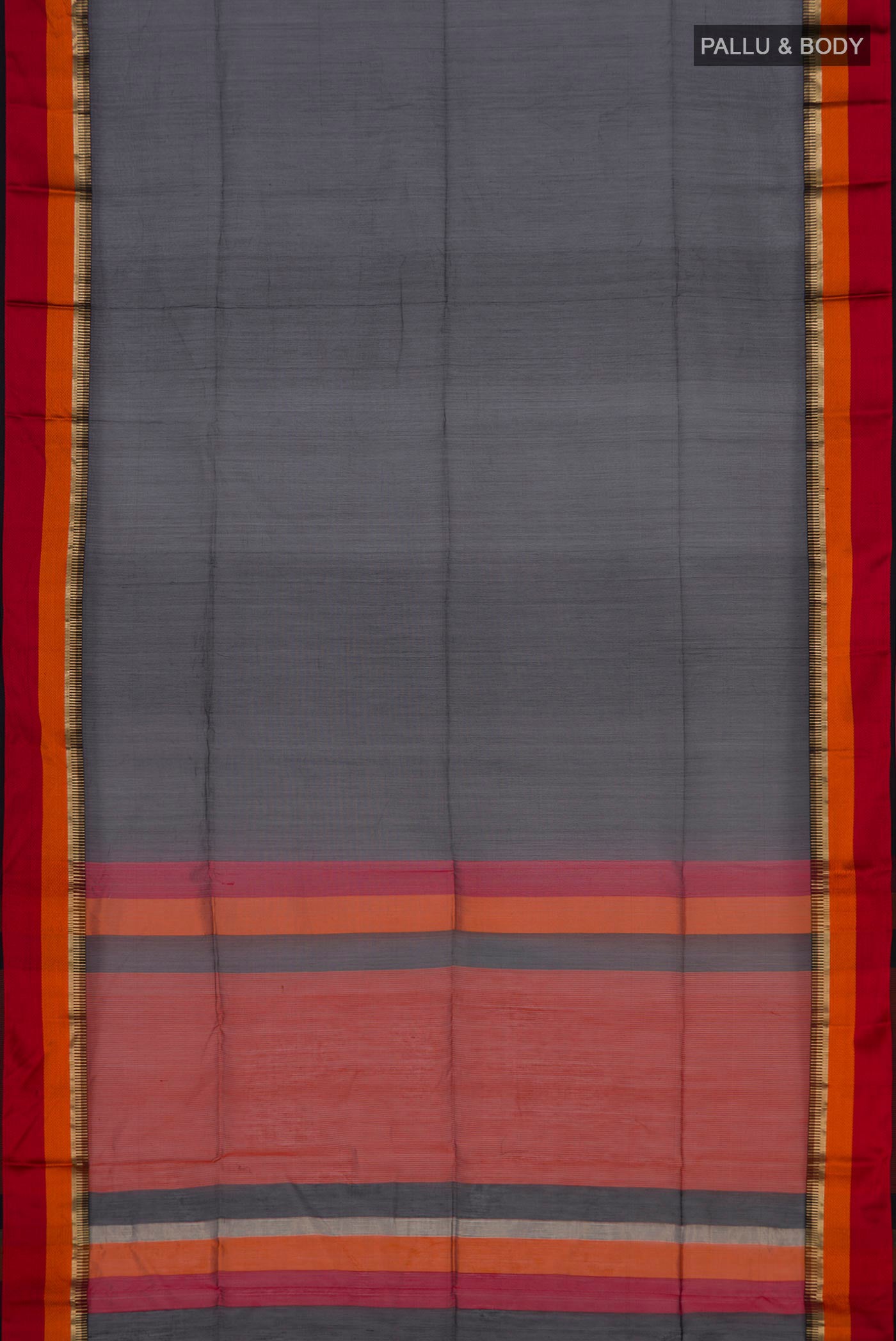 Flat view of Black Maheshwari Silk Saree with Plain Body and Zari Border. 