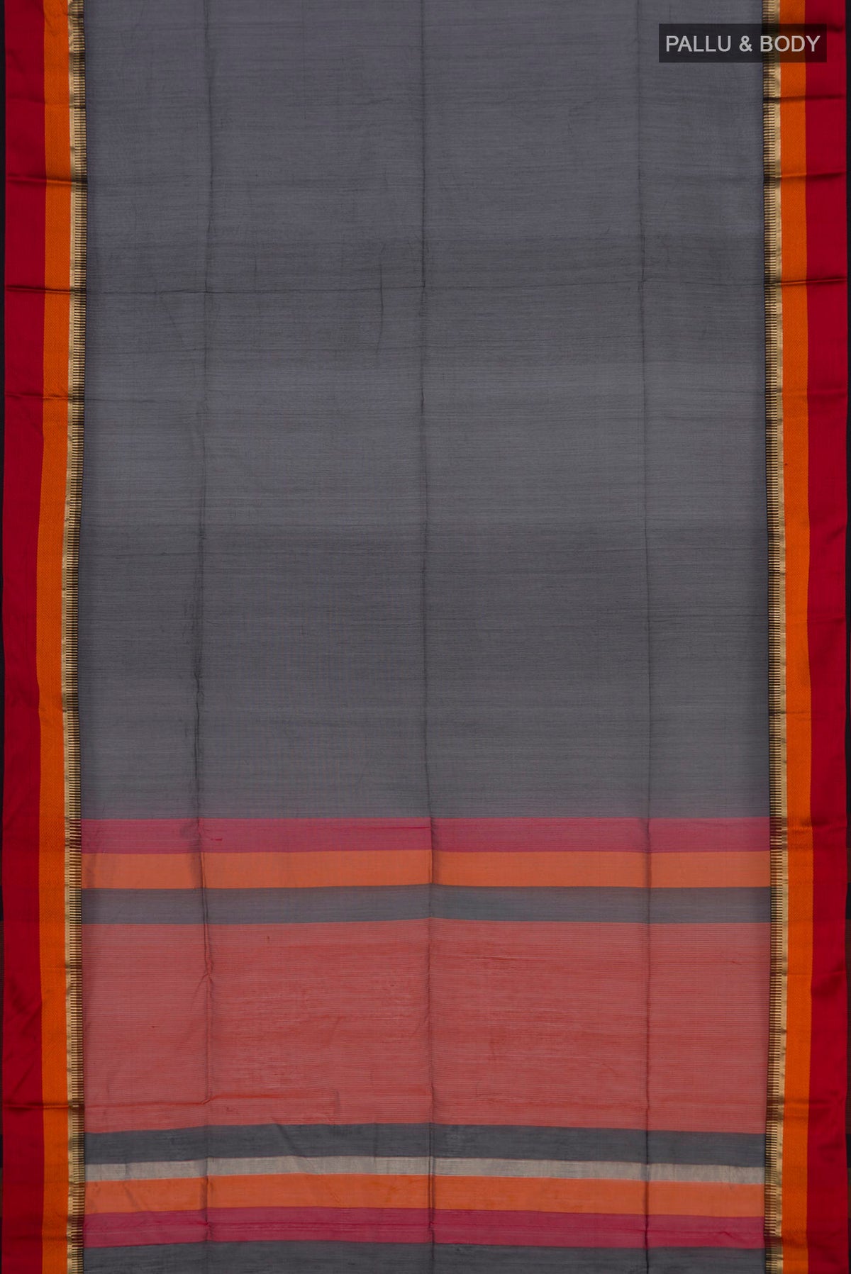 Flat view of Black Maheshwari Silk Saree with Plain Body and Zari Border. 