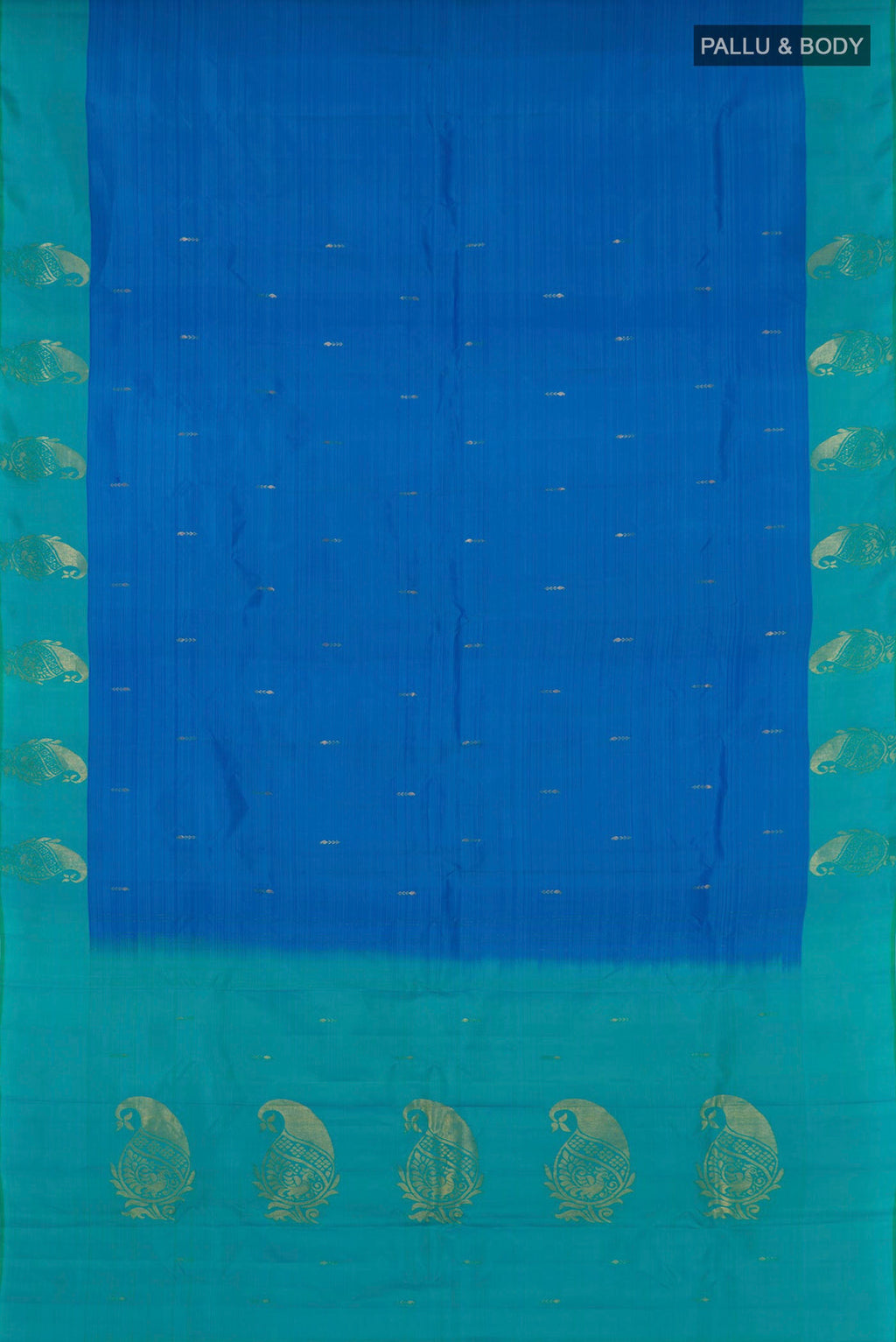 Flat view of Pure Silk Pure Zari Blue Kanchipuram Saree with Zari Butta on the body and Fancy Border. 